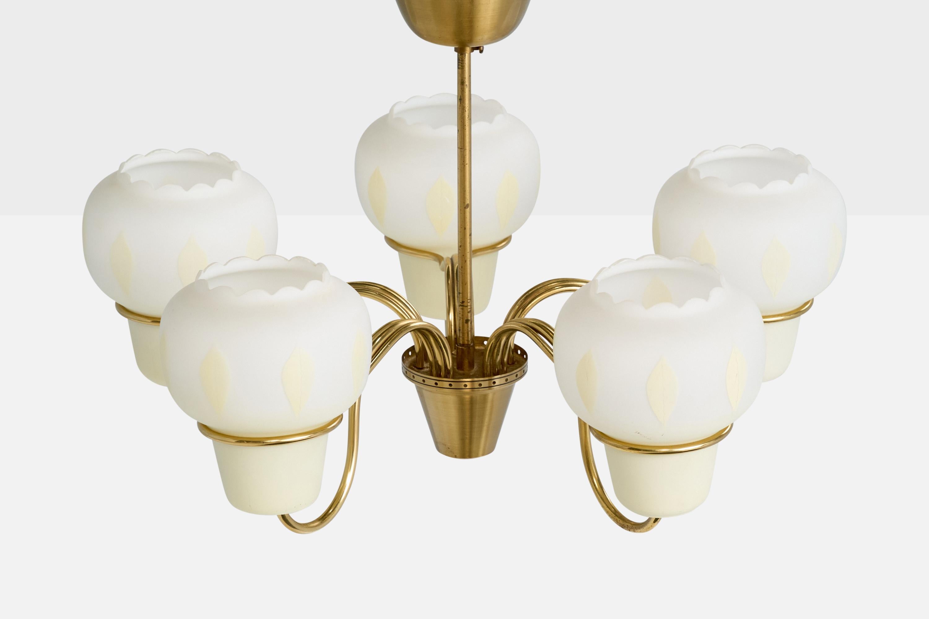 Mid-20th Century Swedish Designer, Chandelier, Brass, Glass, Sweden, 1950s For Sale