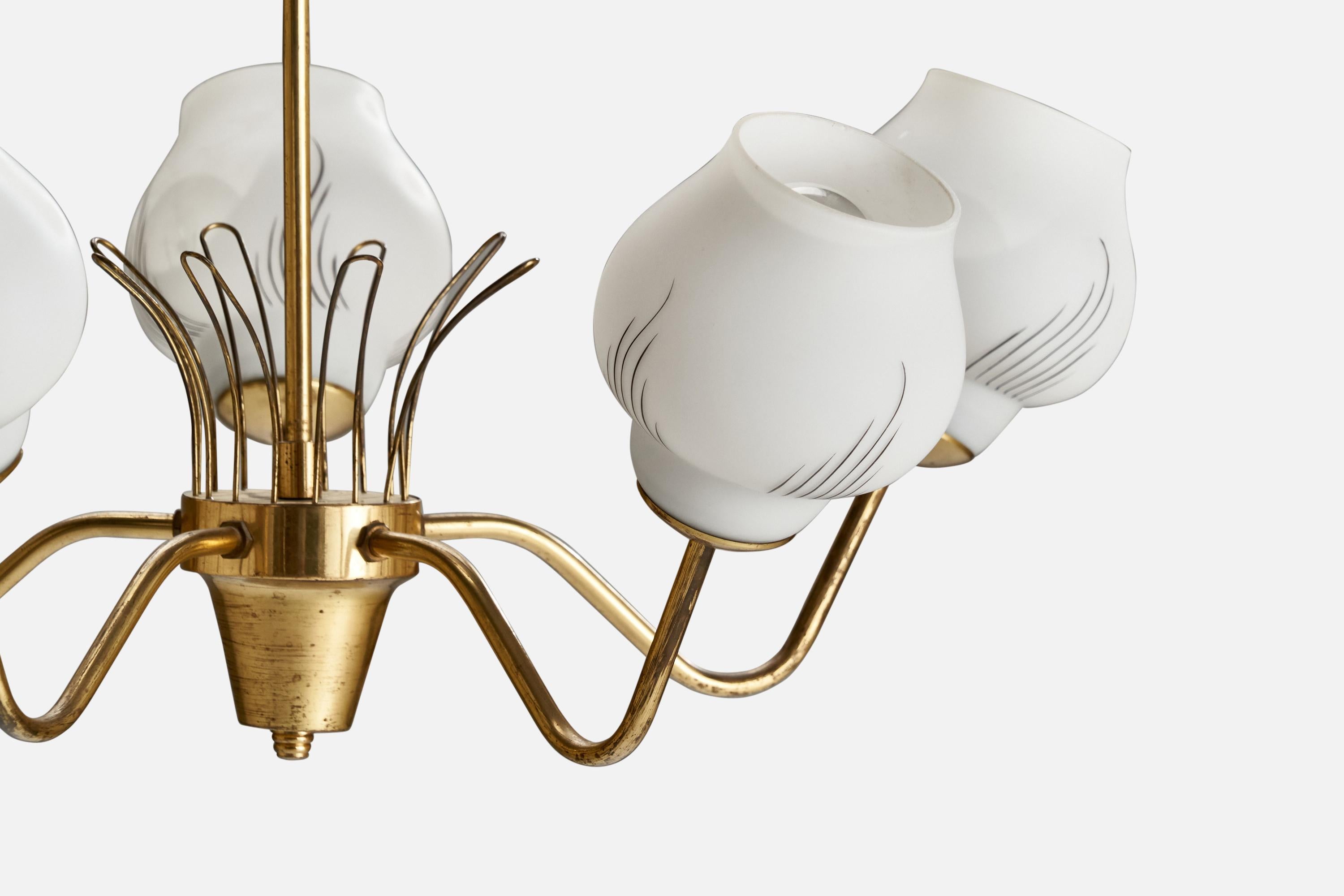 Mid-20th Century Swedish Designer, Chandelier, Brass, Glass, Sweden, 1950s For Sale