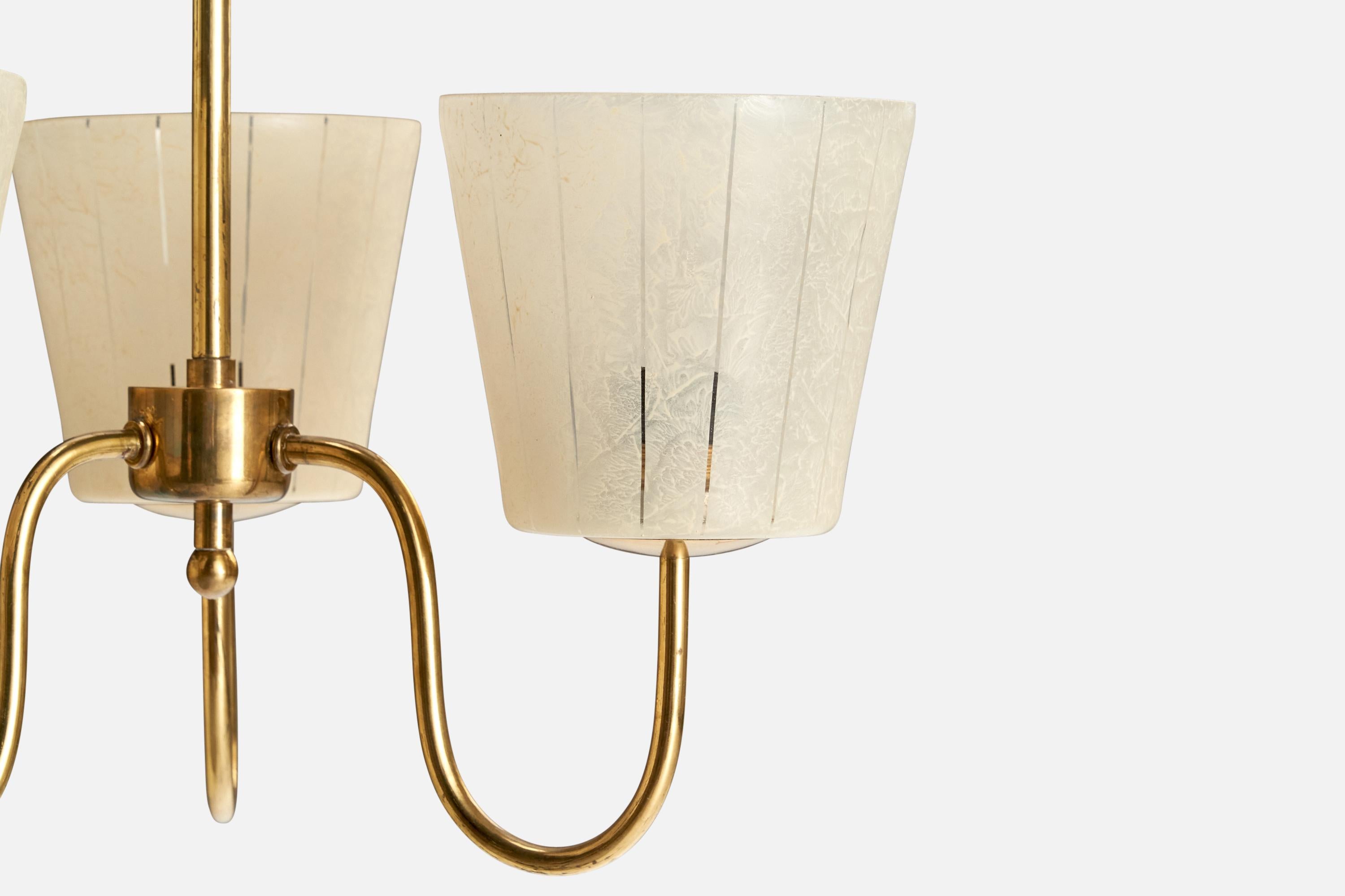 Mid-20th Century Swedish Designer, Chandelier, Brass, Glass, Sweden, 1950s For Sale