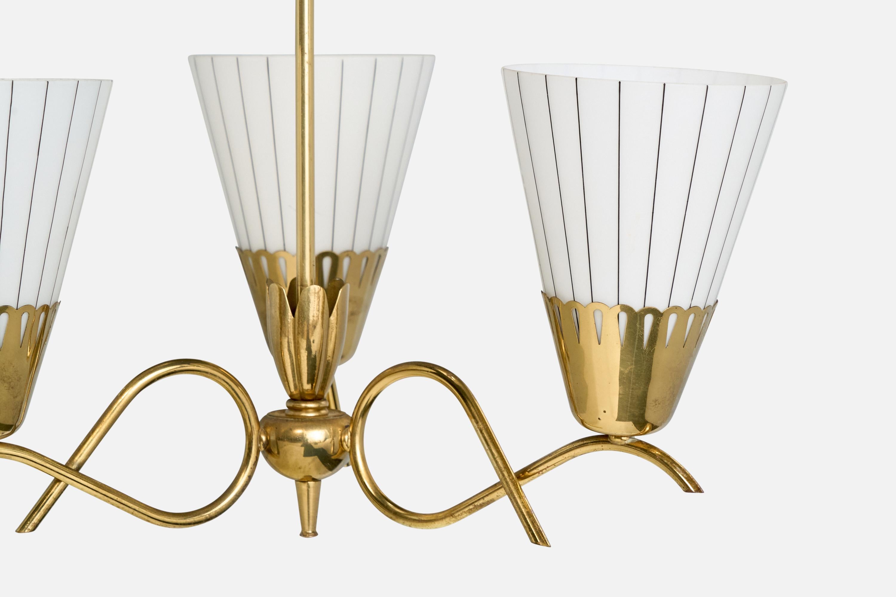 Mid-20th Century Swedish Designer, Chandelier, Brass, Glass, Sweden, 1950s For Sale