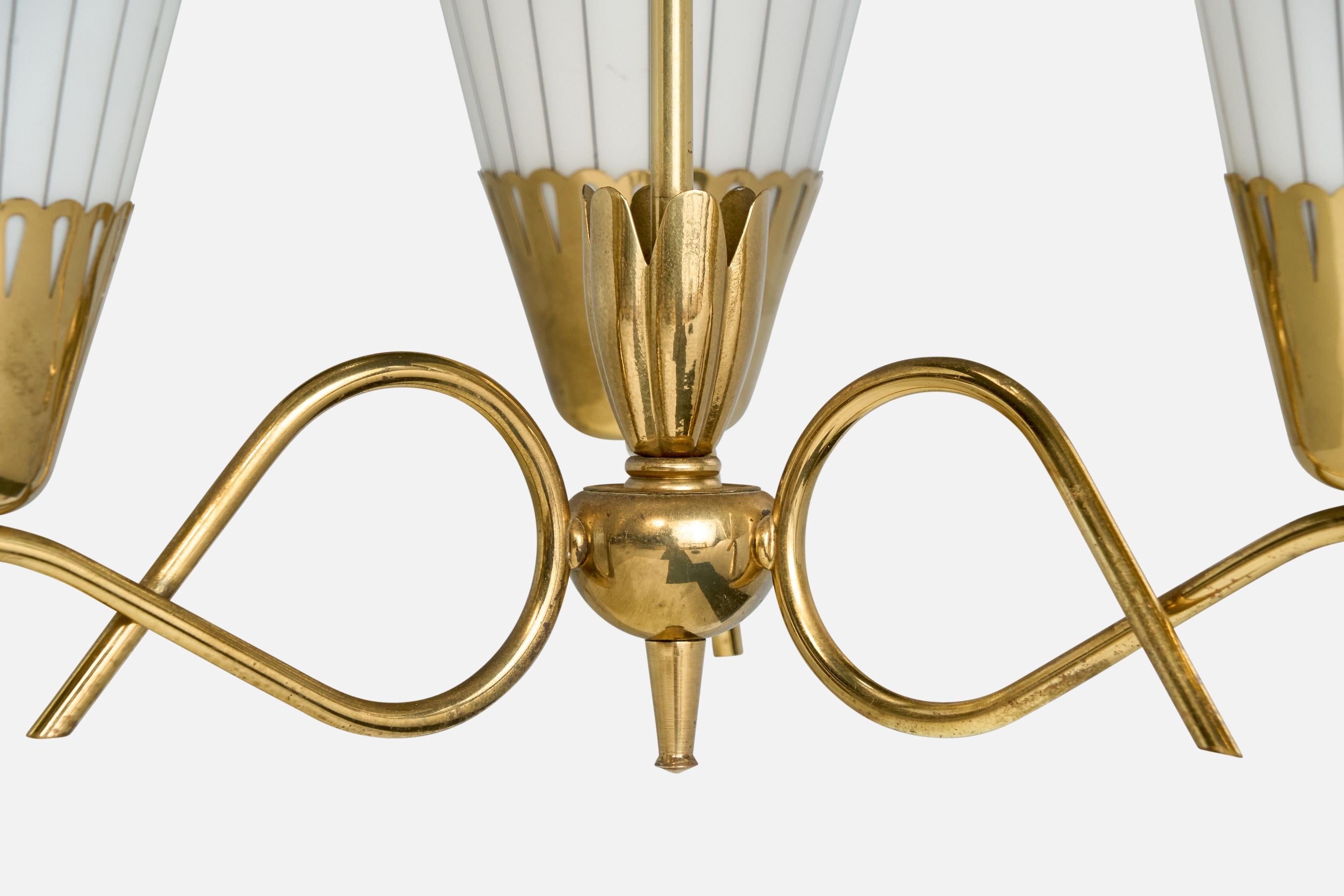 Swedish Designer, Chandelier, Brass, Glass, Sweden, 1950s For Sale 1