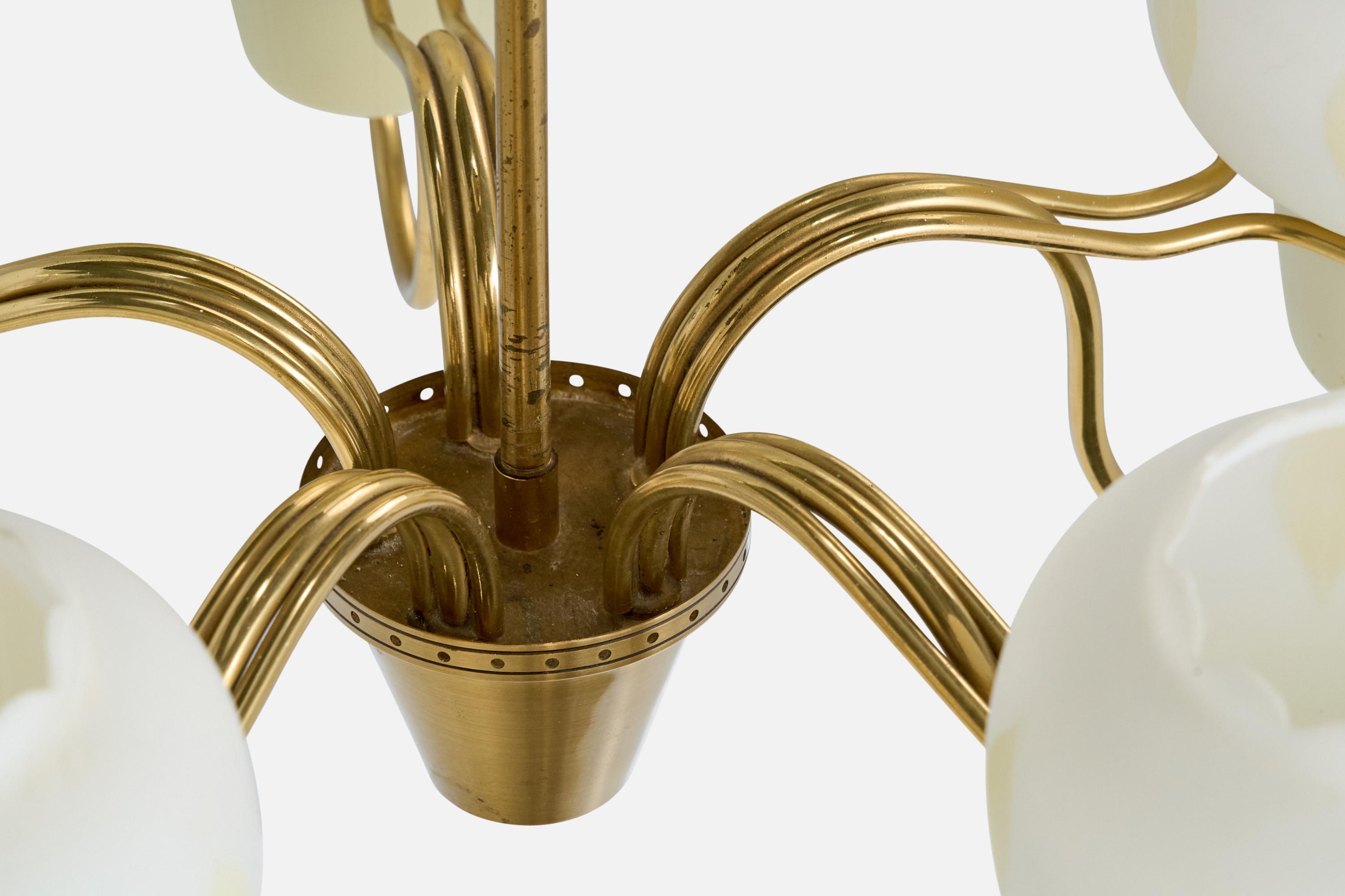 Swedish Designer, Chandelier, Brass, Glass, Sweden, 1950s For Sale 4