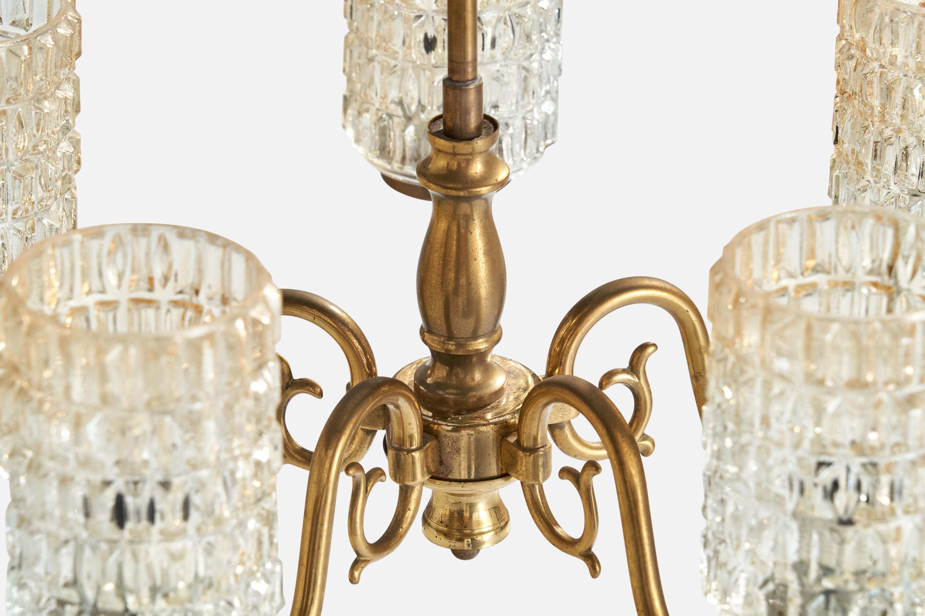 Designer suédois, lustre, laiton, verre, Suède, années 1950 en vente 2