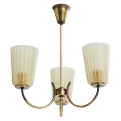 Swedish Designer, Chandelier, Brass, Glass, Sweden, 1950s