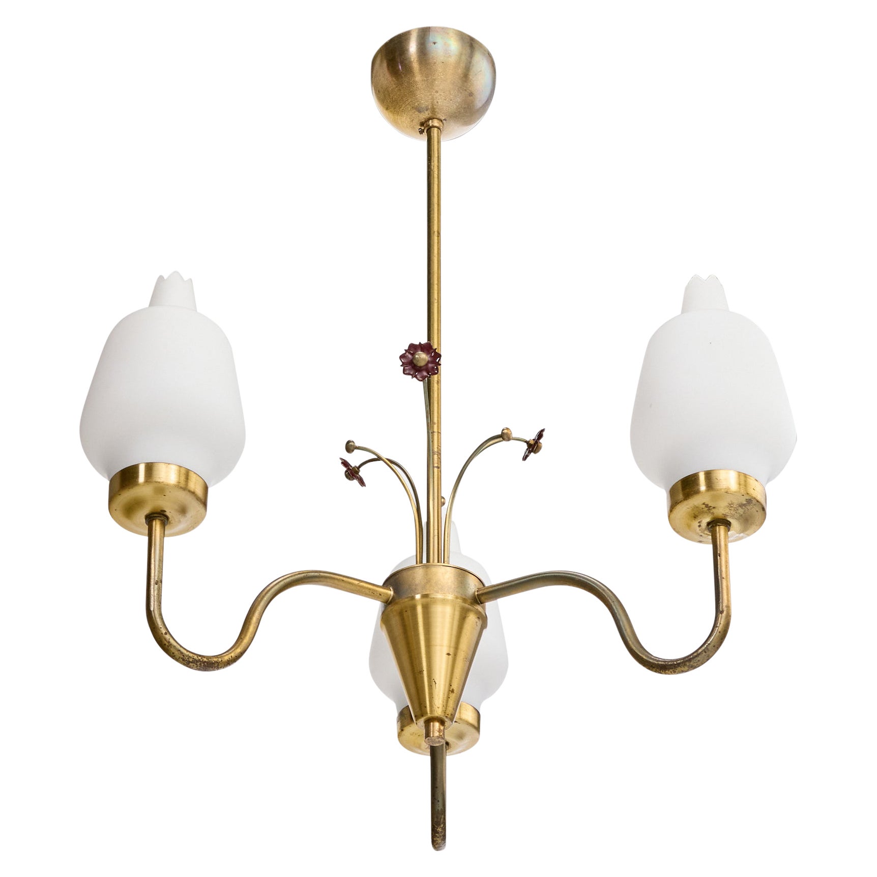 Lampadario di design svedese, ottone, vetro, Svezia, anni '1950