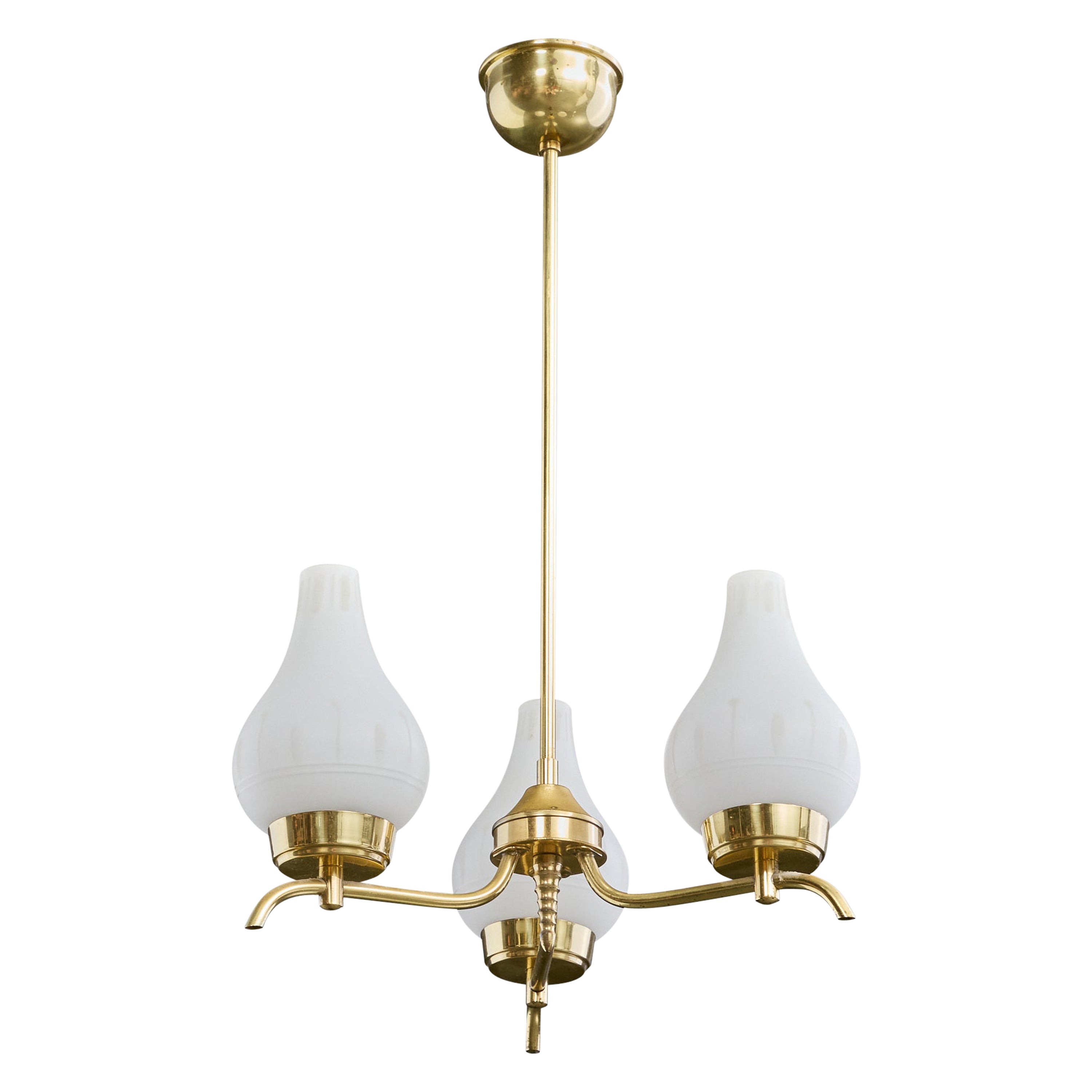 Swedish Designer, Chandelier, Brass, Glass, Sweden, 1950s