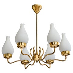 Swedish Designer, Chandelier, Brass, Glass, Sweden, 1950s