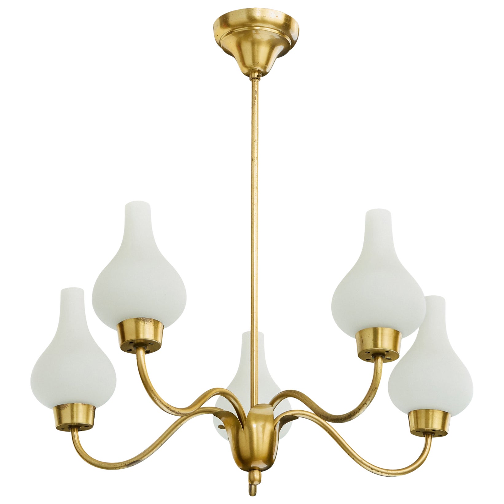 Swedish Designer, Chandelier, Brass, Glass, Sweden, 1950s