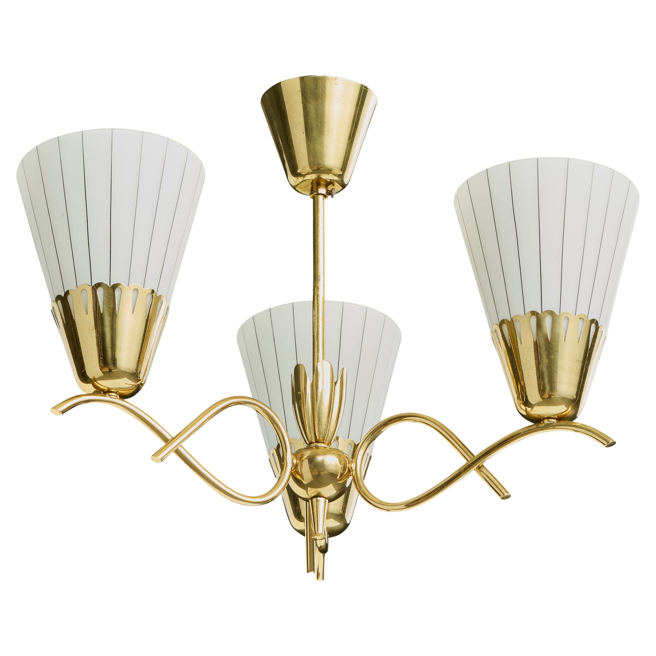 Swedish Designer, Chandelier, Brass, Glass, Sweden, 1950s