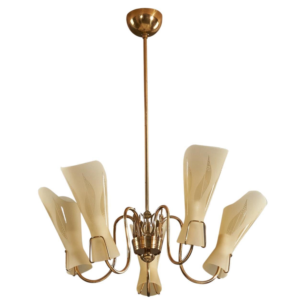 Swedish Designer, Chandelier, Brass, Glass, Sweden, 1950s For Sale