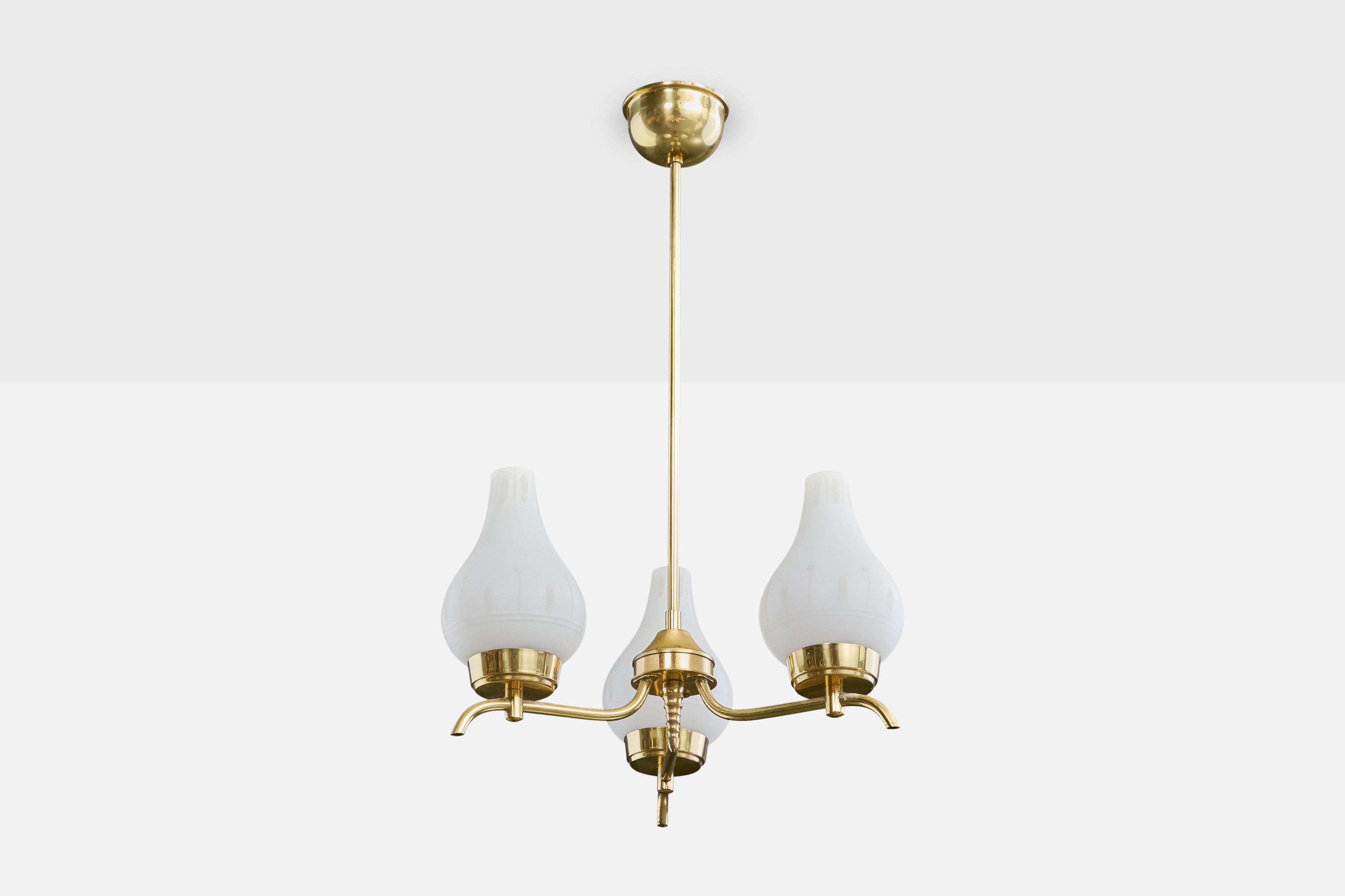 Swedish Designer, Chandelier, Brass, Glass, Sweden, 1950s