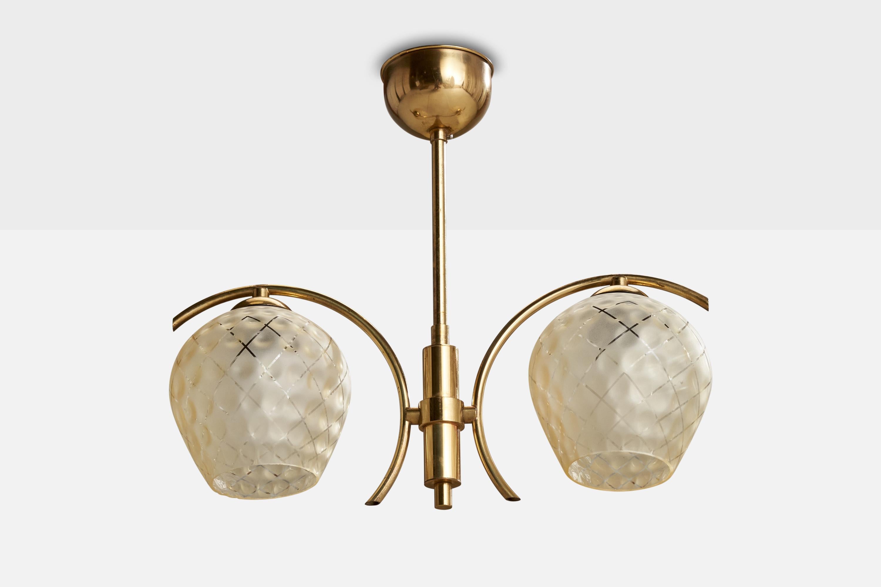 A brass and etched glass chandelier designed and produced in Sweden, c. 1960s.

Overall Dimensions (inches): 16.5” H x  19” W x 6.5