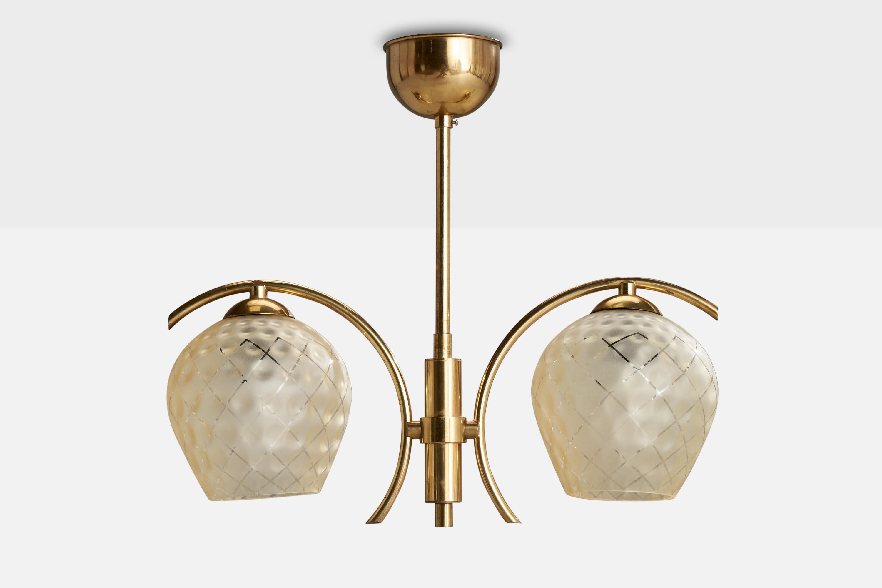 Swedish Designer, Chandelier, Brass, Glass, Sweden, 1960s In Good Condition For Sale In High Point, NC
