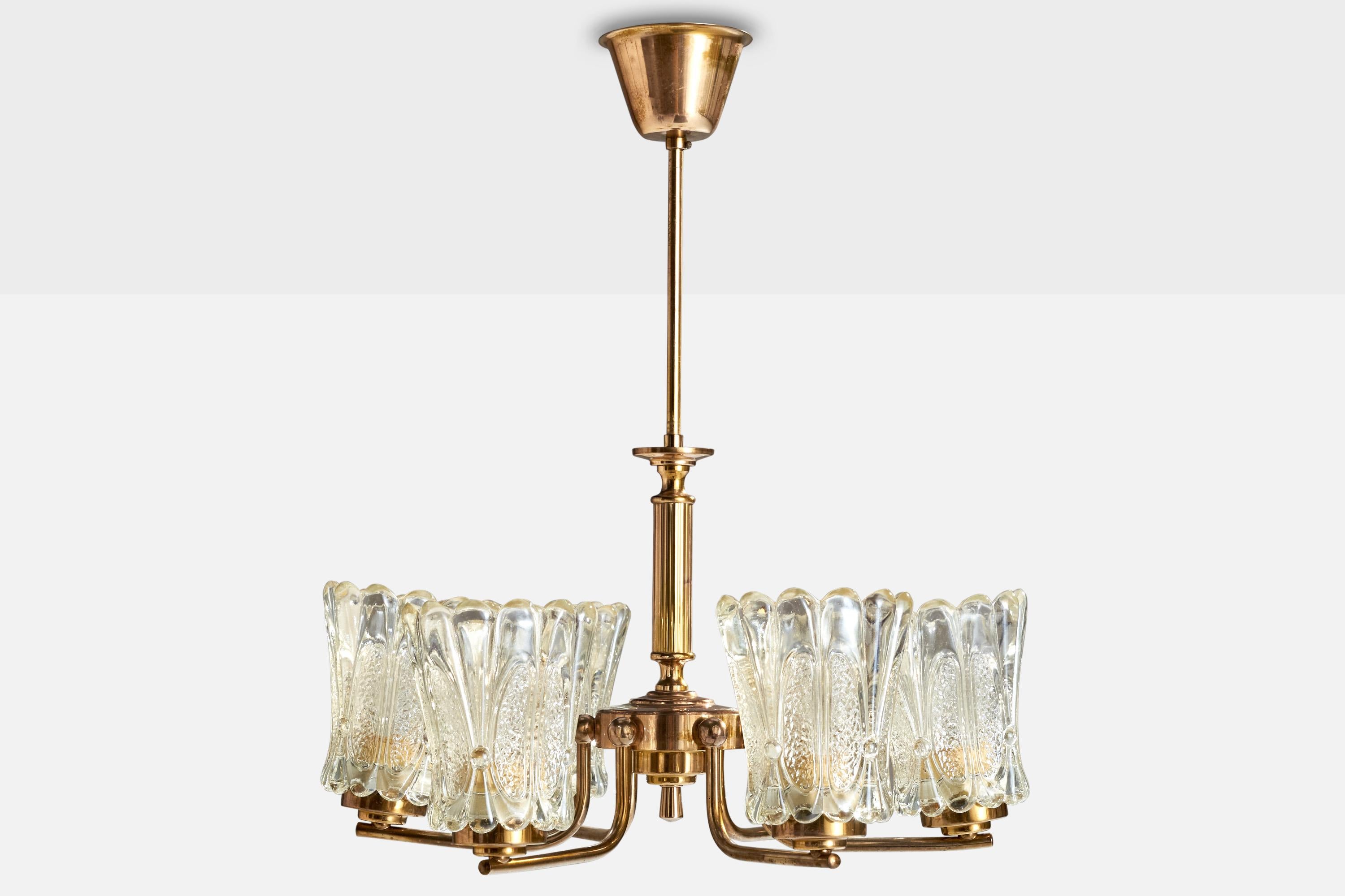 Schwedischer Designer, Kronleuchter, Messing, Glas, Schweden, 1960er Jahre (Skandinavische Moderne) im Angebot