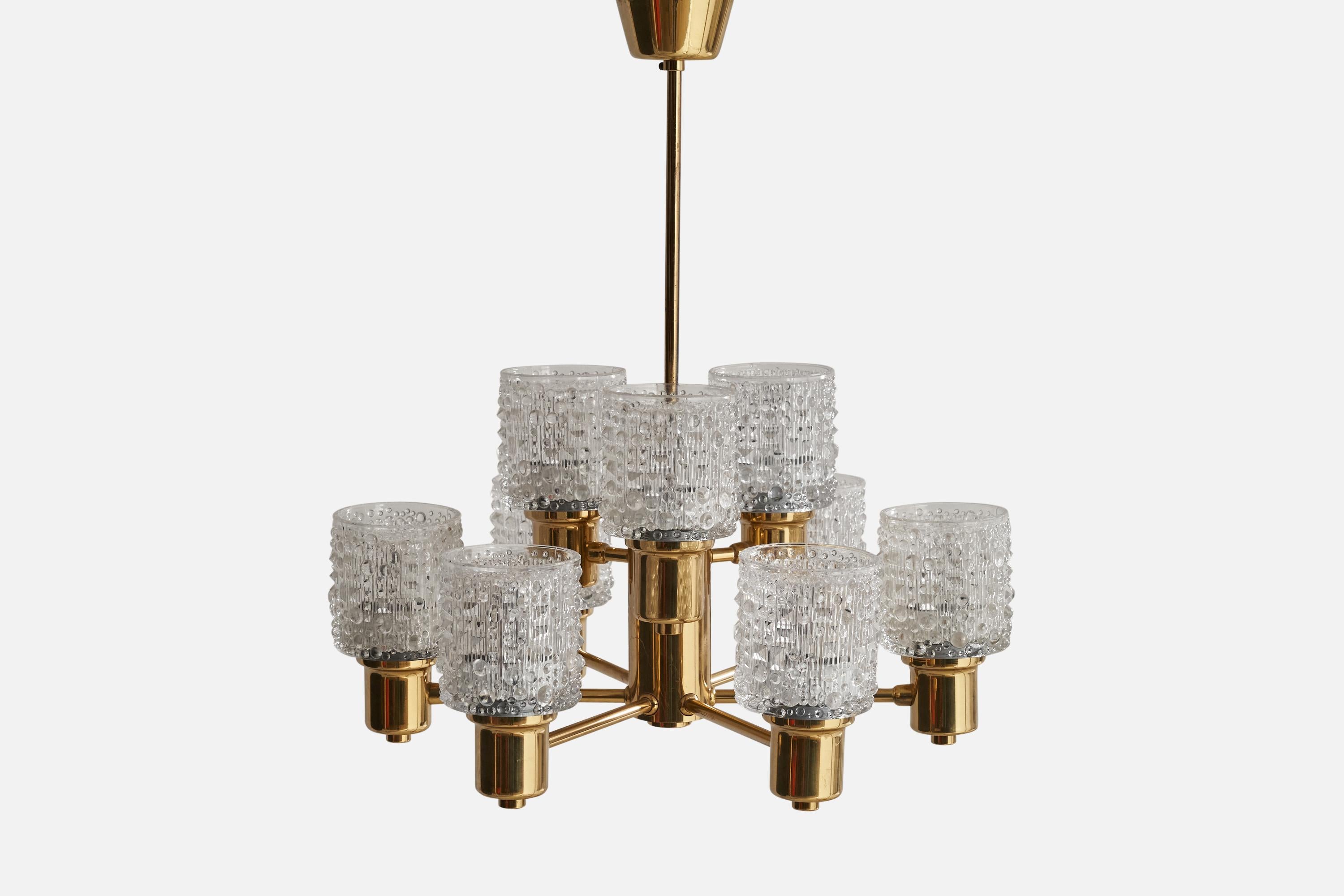 Swedish Designer, Chandelier, Brass, Glass, Sweden, 1960s In Good Condition For Sale In High Point, NC