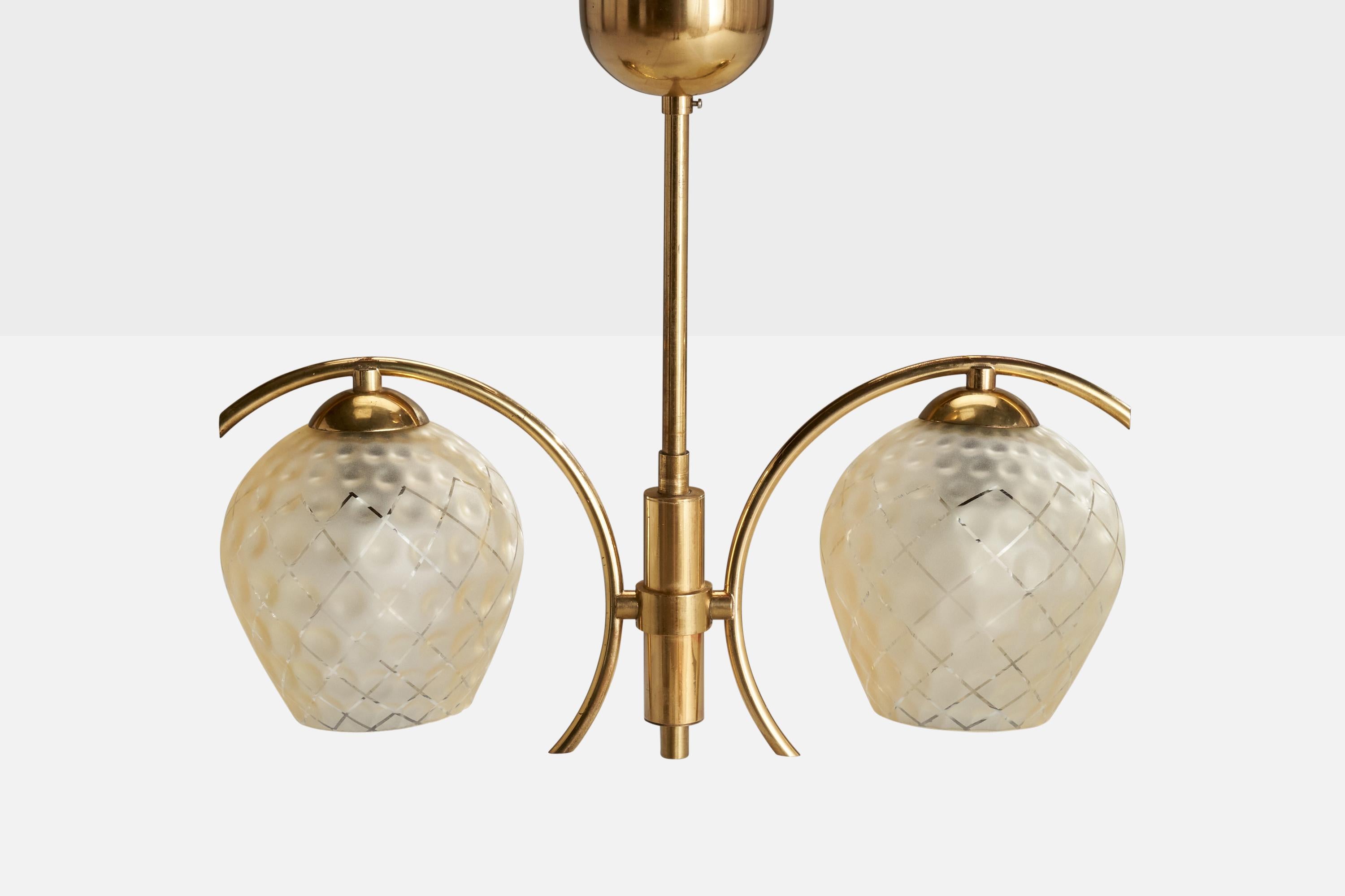 Mid-20th Century Swedish Designer, Chandelier, Brass, Glass, Sweden, 1960s For Sale