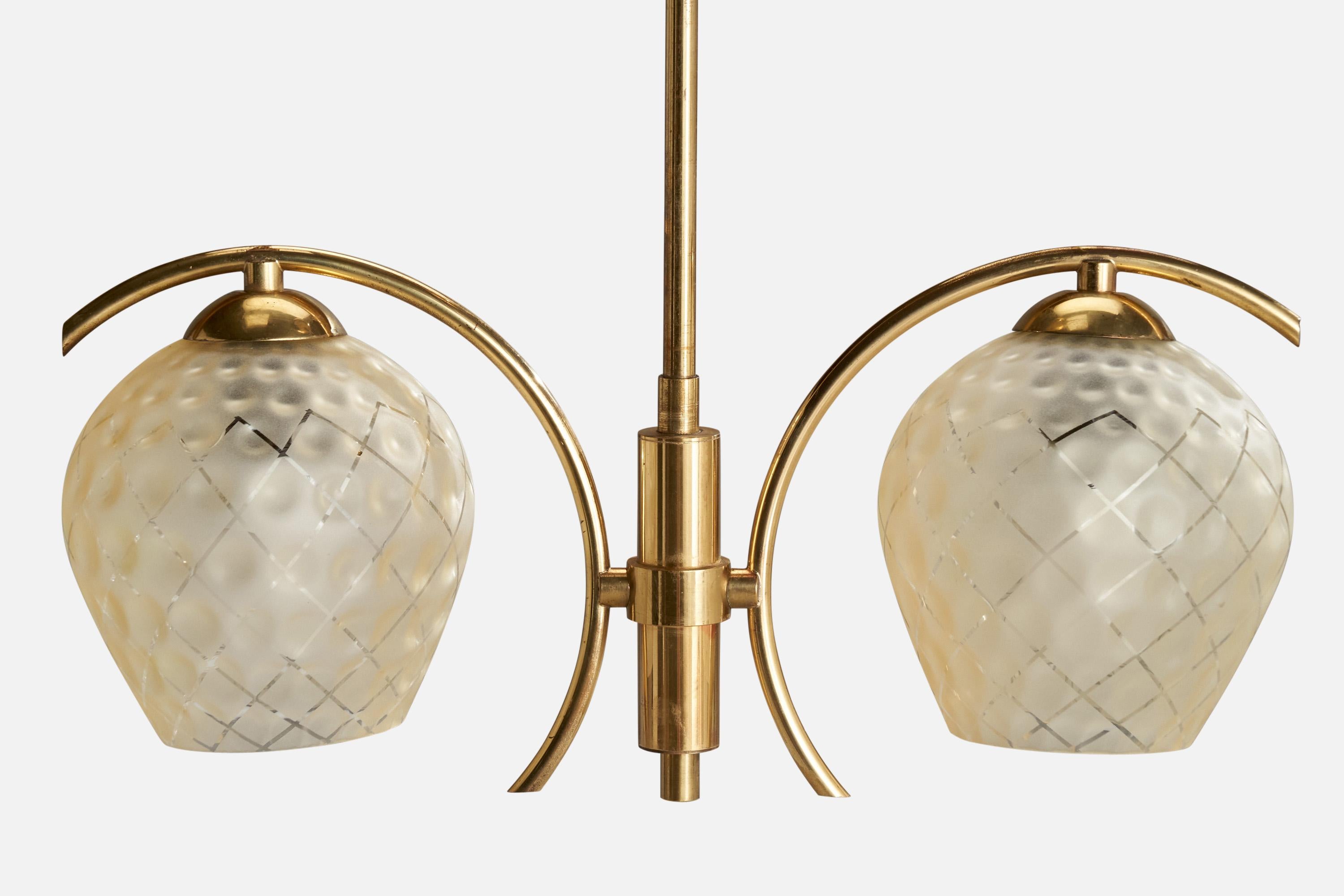 Swedish Designer, Chandelier, Brass, Glass, Sweden, 1960s For Sale 1