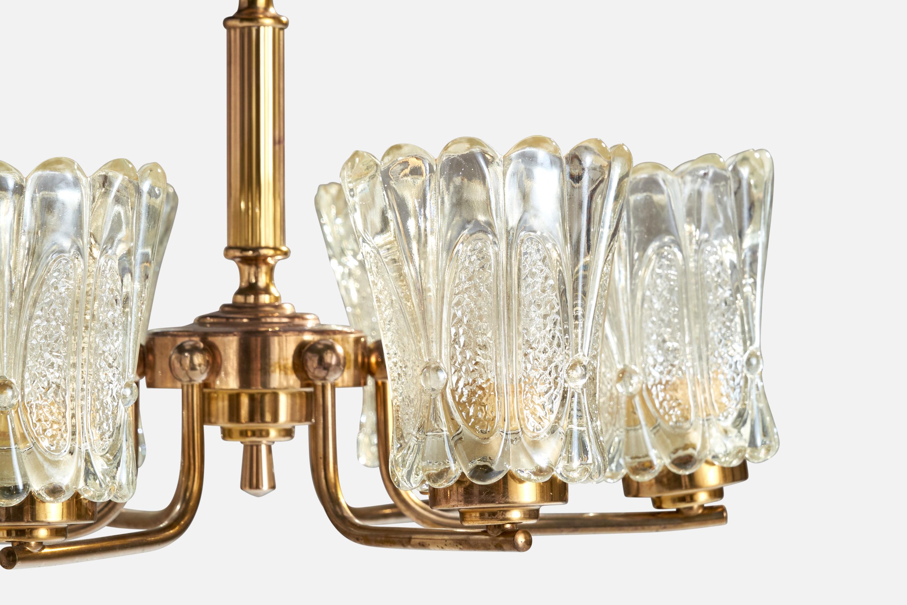 Schwedischer Designer, Kronleuchter, Messing, Glas, Schweden, 1960er Jahre im Angebot 1