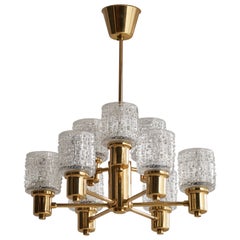 Lampadario di design svedese, ottone, vetro, Svezia, anni '1960