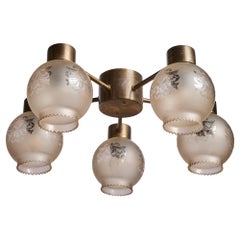 Lampadario di design svedese, ottone, vetro, Svezia, anni '1960