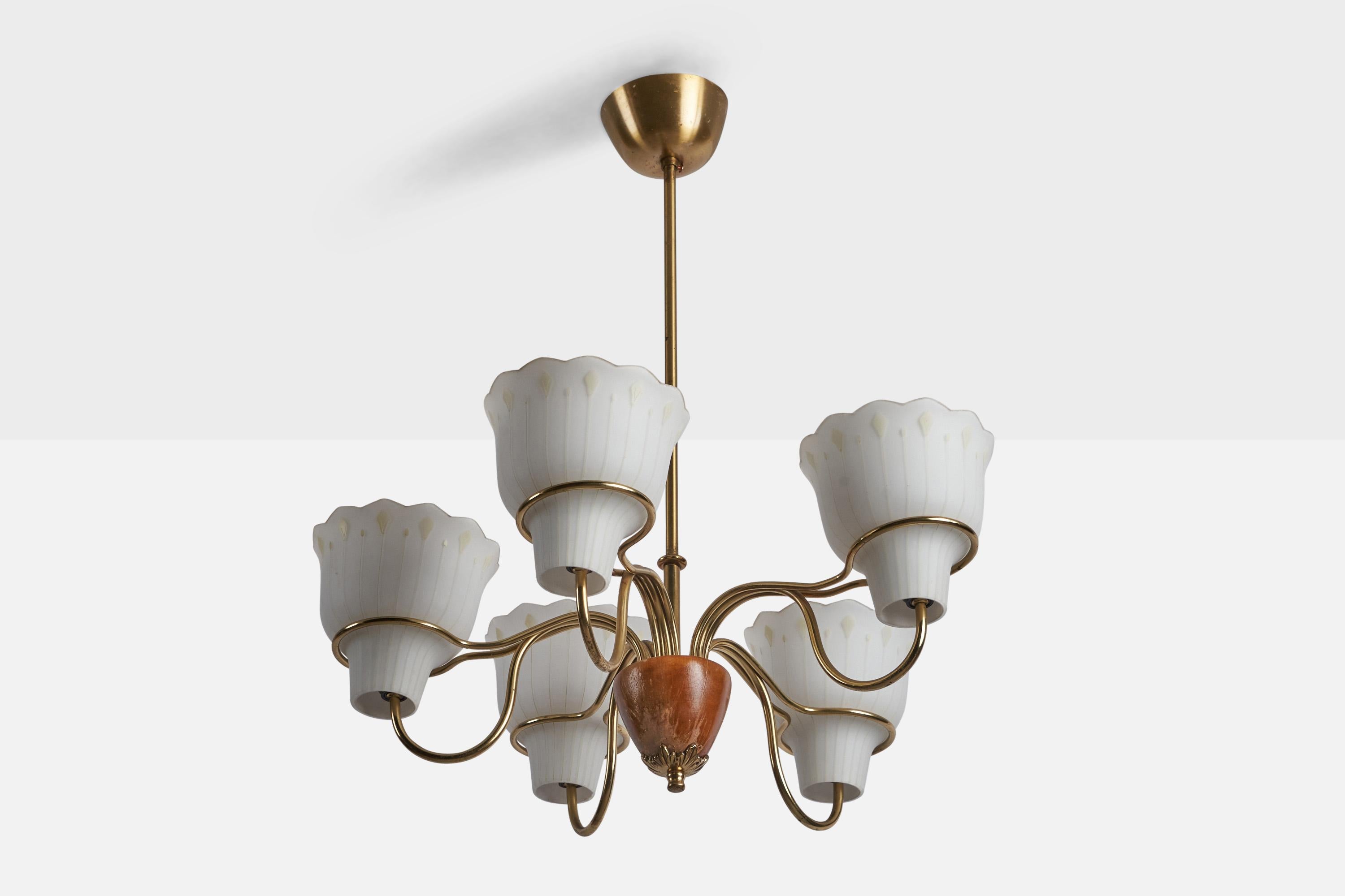 A 5-armed teak, brass and opaline glass chandelier designed and produced in Sweden, 1950s.

Overall Dimensions (inches): 24” H x 20” Diameter
Bulb Specifications: E-26 Bulb
Number of Sockets: 5