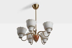 Swedish Designer, Chandelier, Brass, Glass, Teak, Sweden, 1950s