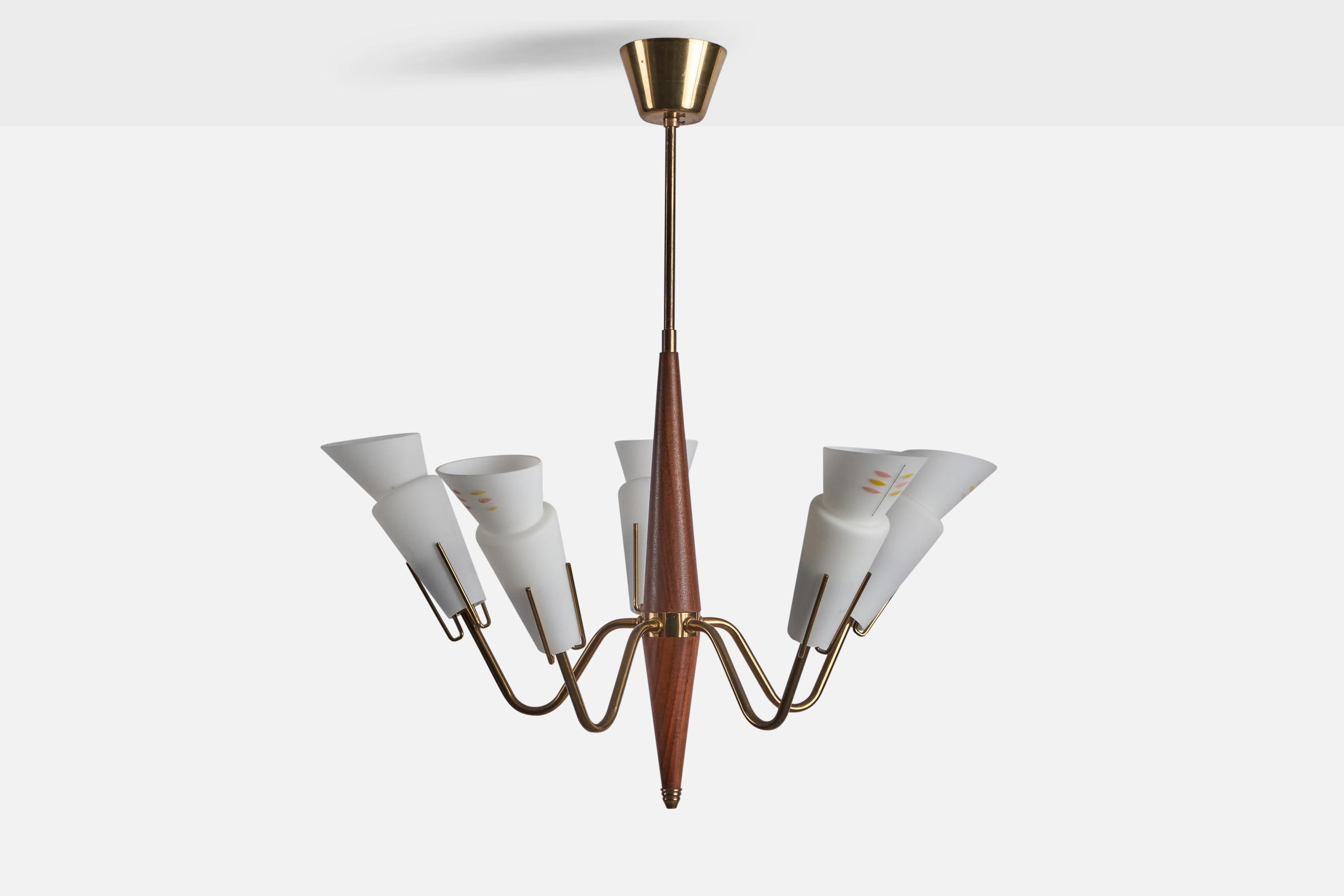 A five-armed brass, teak and etched opaline glass chandelier, designed and produced in Sweden, 1950s.

Overall Dimensions (inches): 25.5” H x 25” Diameter
Bulb Specifications: E-14 Bulb
Number of Sockets: 5