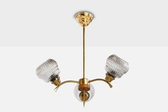 Swedish Designer, Chandelier, Brass, Glass, Teak, Sweden, 1950s