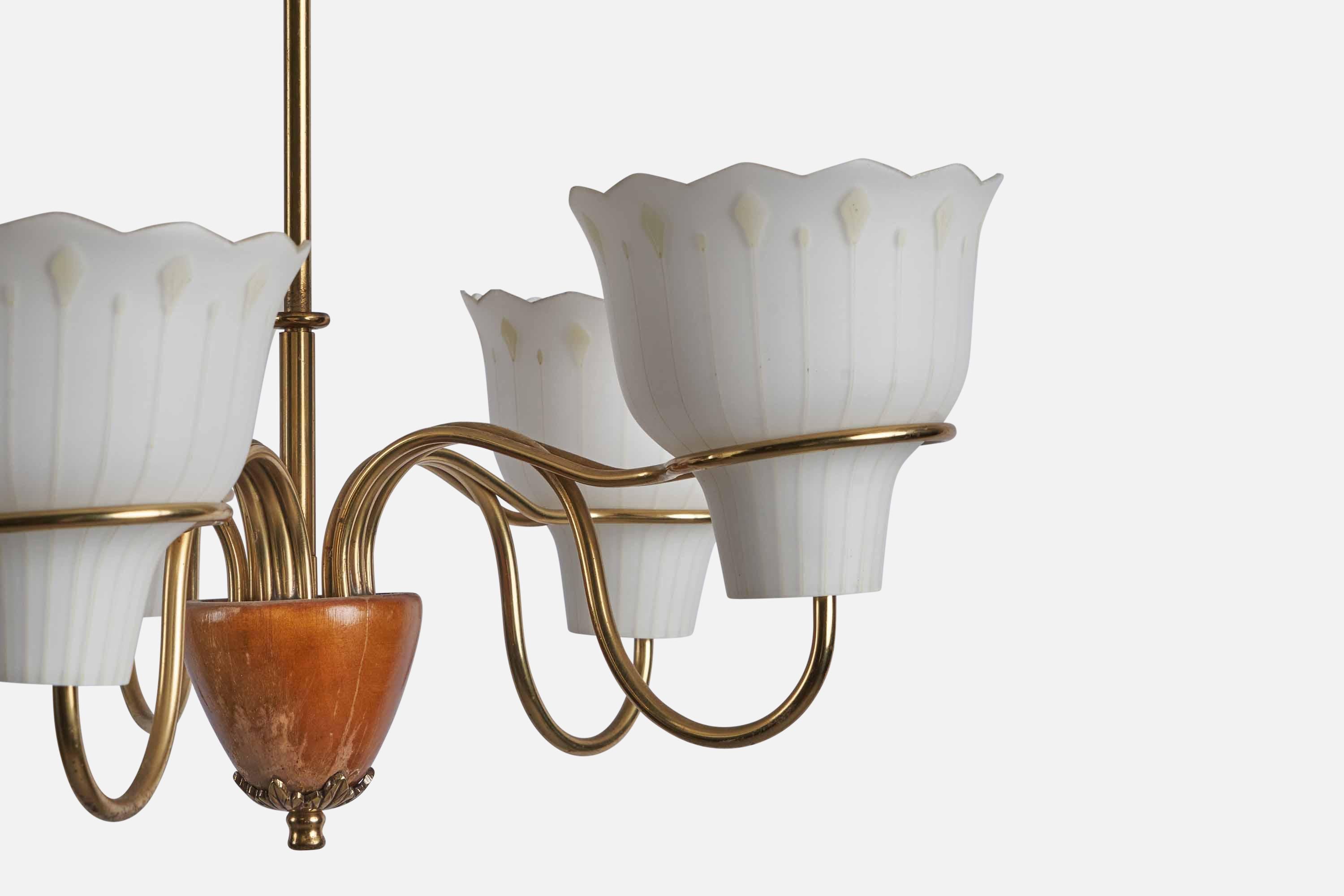 Swedish Designer, Chandelier, Brass, Glass, Teak, Sweden, 1950s In Good Condition For Sale In High Point, NC