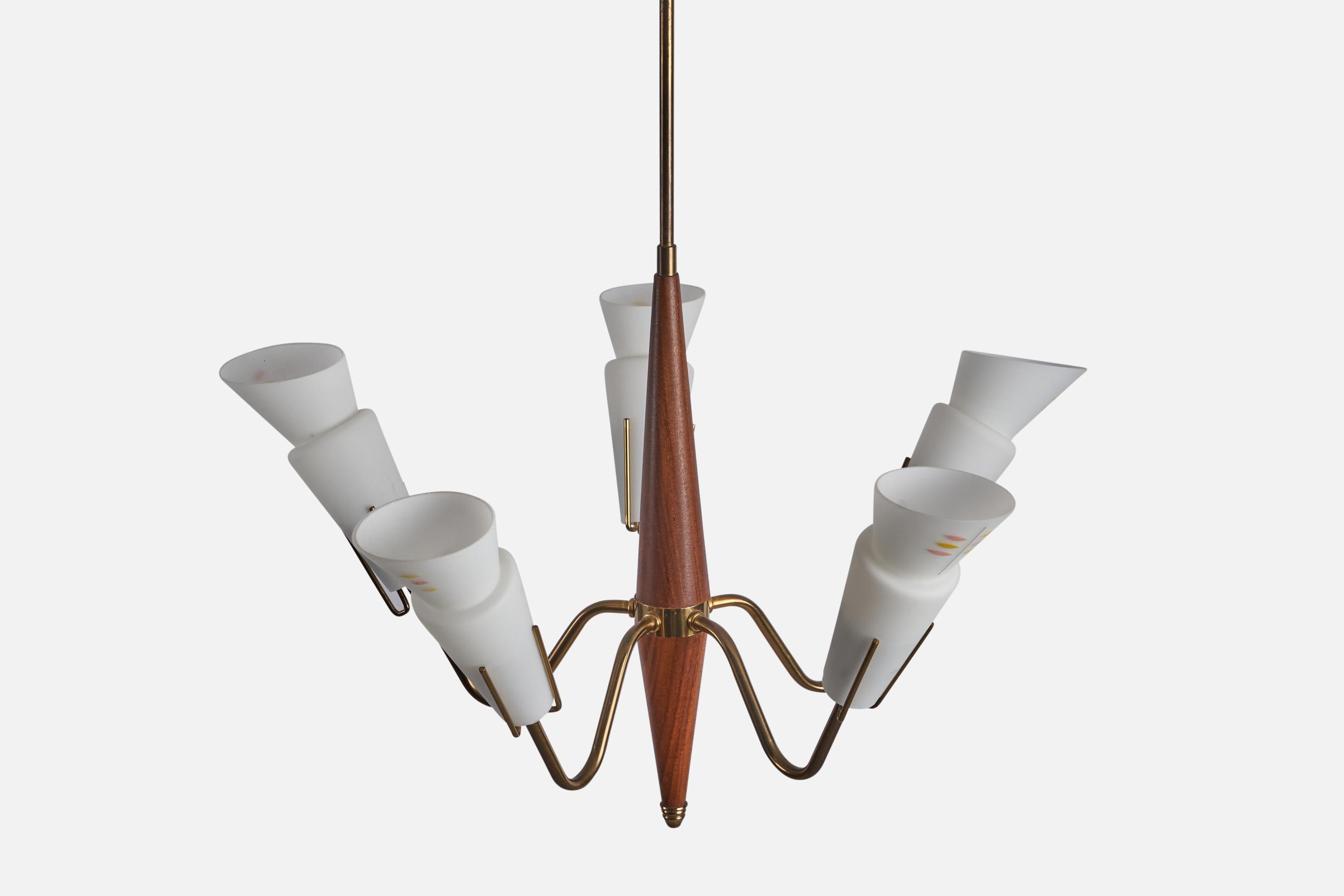 Mid-20th Century Swedish Designer, Chandelier, Brass, Glass, Teak, Sweden, 1950s For Sale