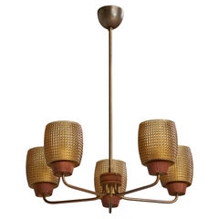 Swedish Designer, Chandelier, Brass, Glass, Teak, Sweden, 1950s
