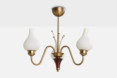 Swedish Designer, Chandelier, Brass, Glass, Wood, Sweden, 1940s