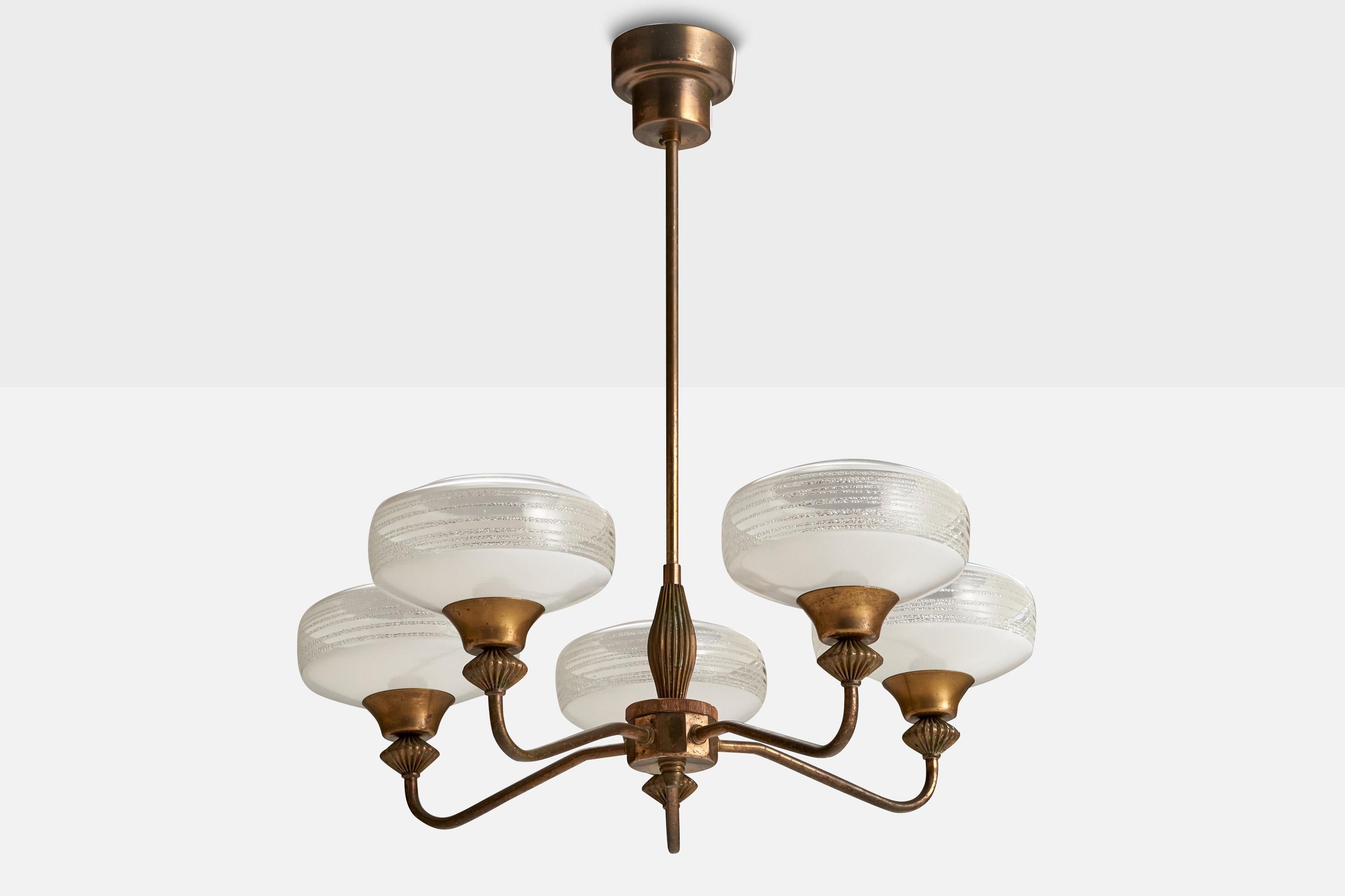 A brass, wood and glass chandelier designed and produced in Sweden, c. 1940s.

Overall Dimensions (inches): 22.875” H x  21” Diameter
Dimensions of Canopy:  2.5” H x 3.5 ” D
Stem length: 13”H
Bulb Specifications: E-26  Bulbs
Number of Sockets: 5
All