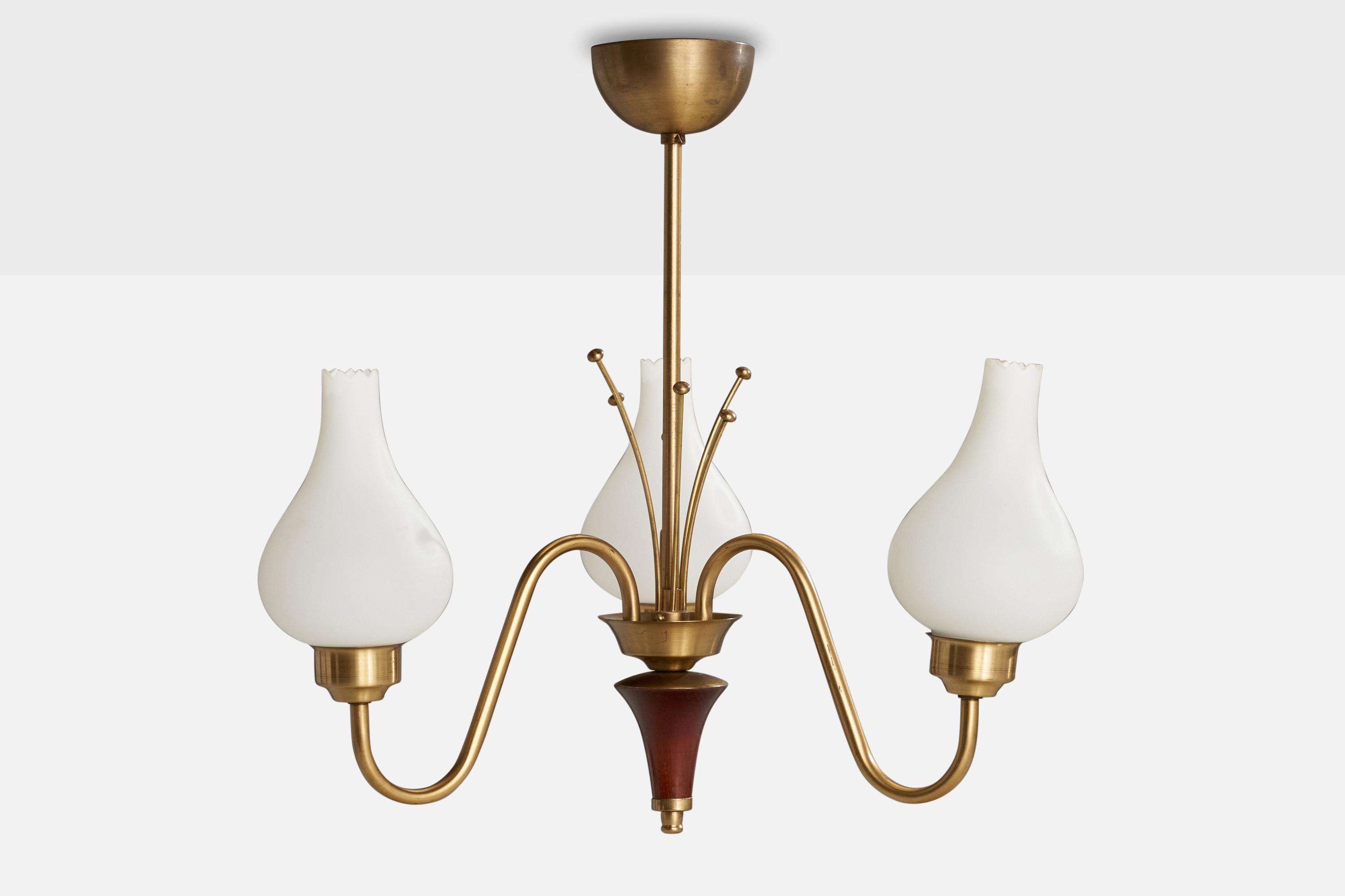 Scandinavian Modern Swedish Designer, Chandelier, Brass, Glass, Wood, Sweden, 1940s For Sale