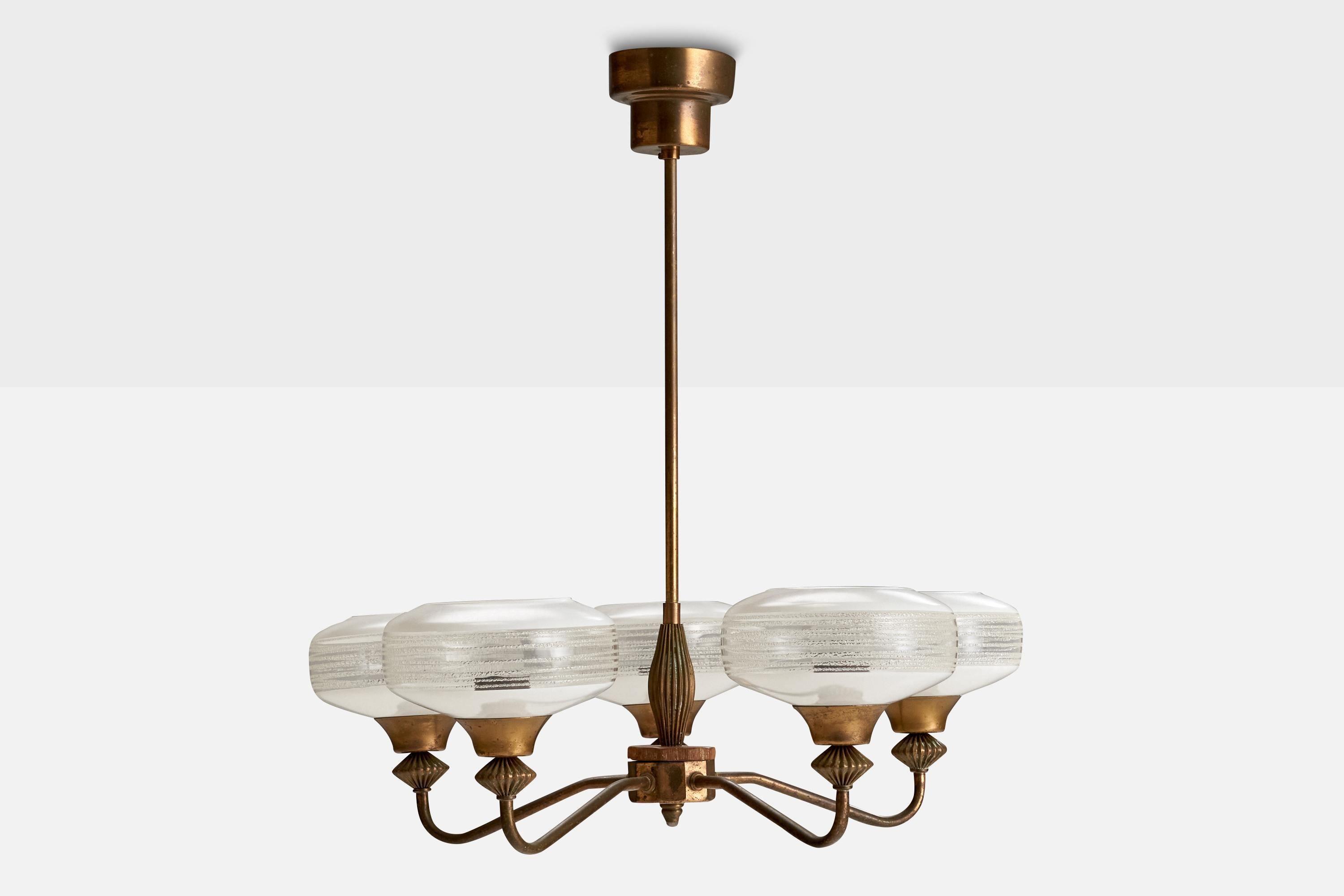 Scandinavian Modern Swedish Designer, Chandelier, Brass, Glass, Wood, Sweden, 1940s For Sale