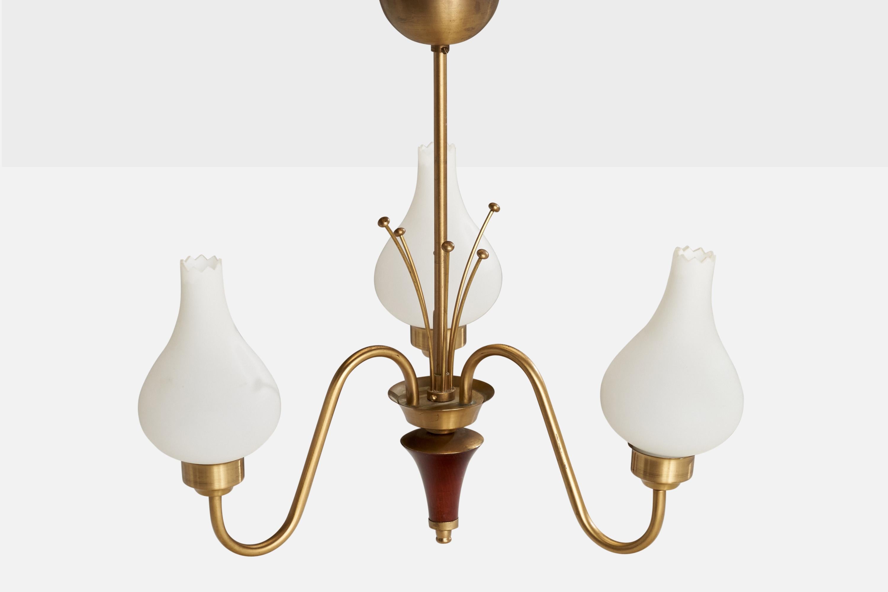 Swedish Designer, Chandelier, Brass, Glass, Wood, Sweden, 1940s In Good Condition For Sale In High Point, NC