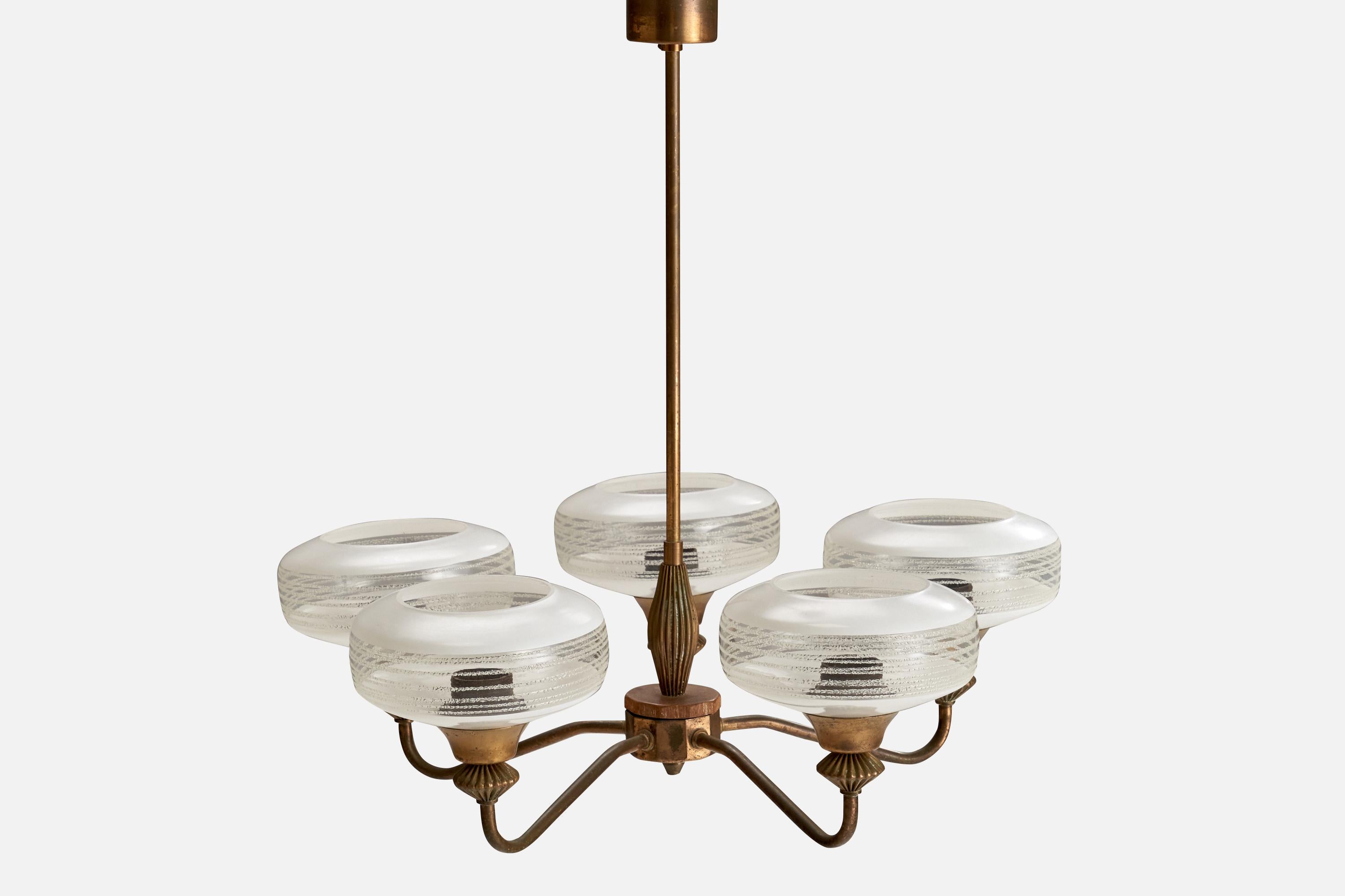 Swedish Designer, Chandelier, Brass, Glass, Wood, Sweden, 1940s In Good Condition For Sale In High Point, NC