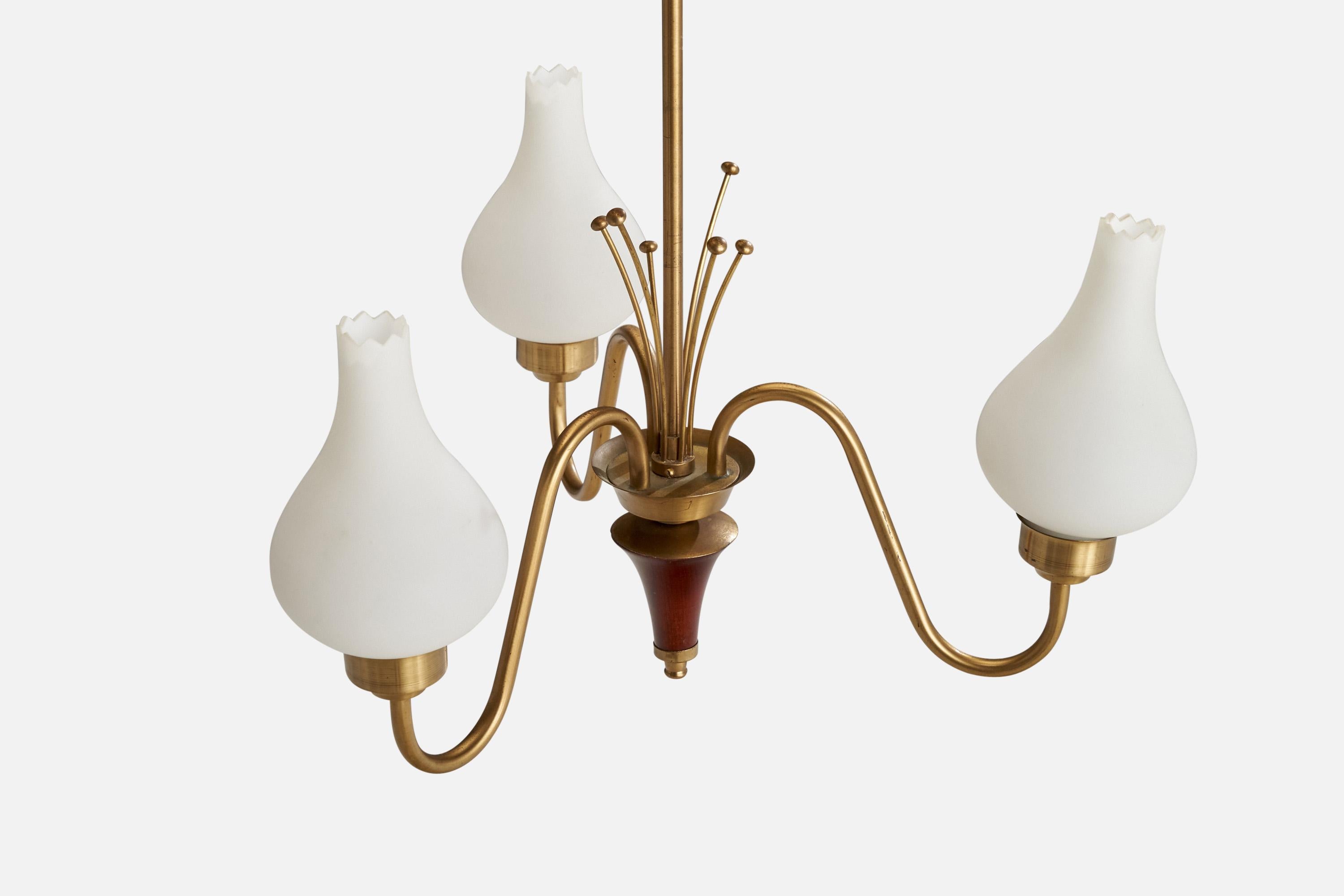 Mid-20th Century Swedish Designer, Chandelier, Brass, Glass, Wood, Sweden, 1940s For Sale