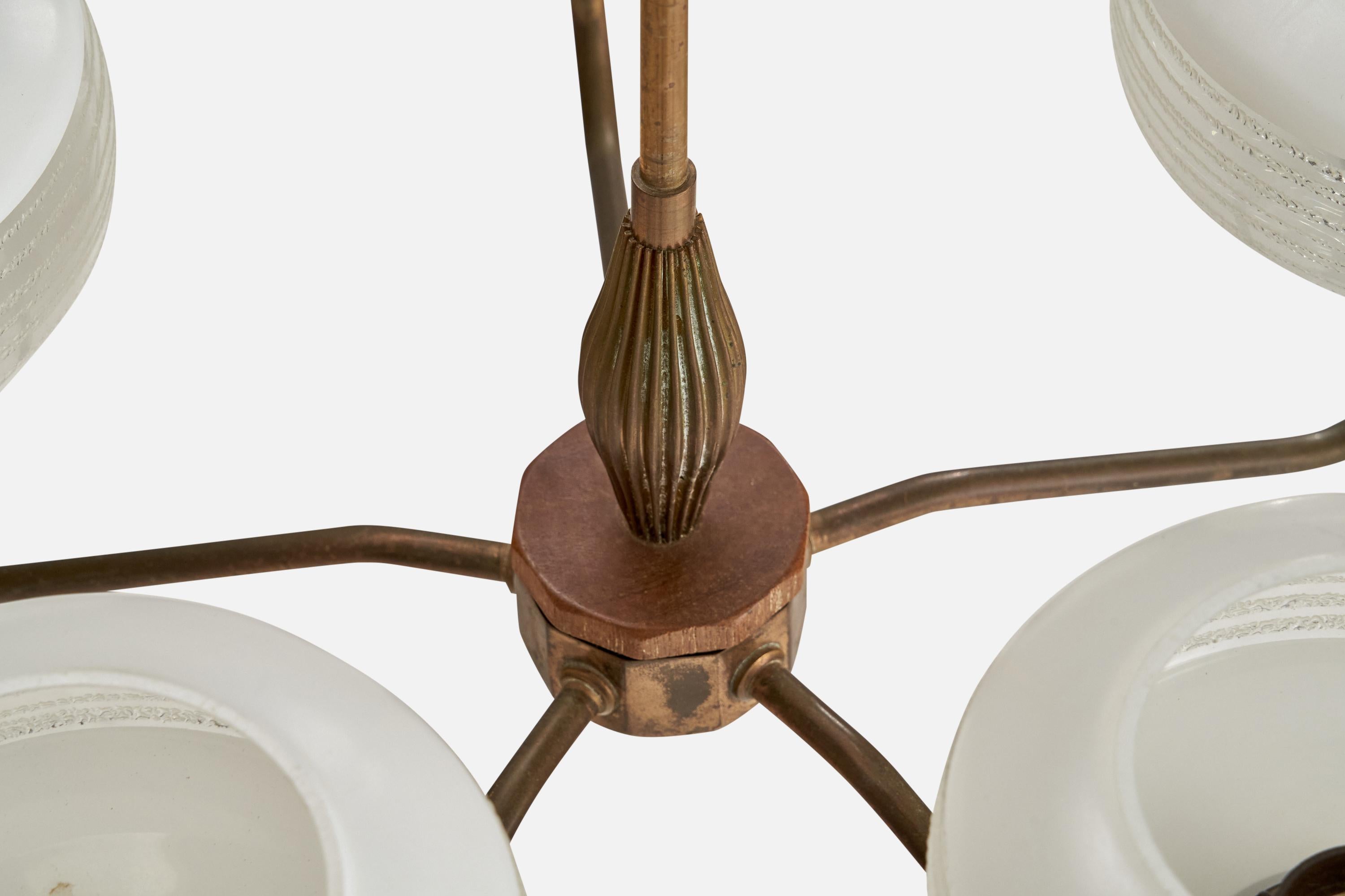 Mid-20th Century Swedish Designer, Chandelier, Brass, Glass, Wood, Sweden, 1940s For Sale