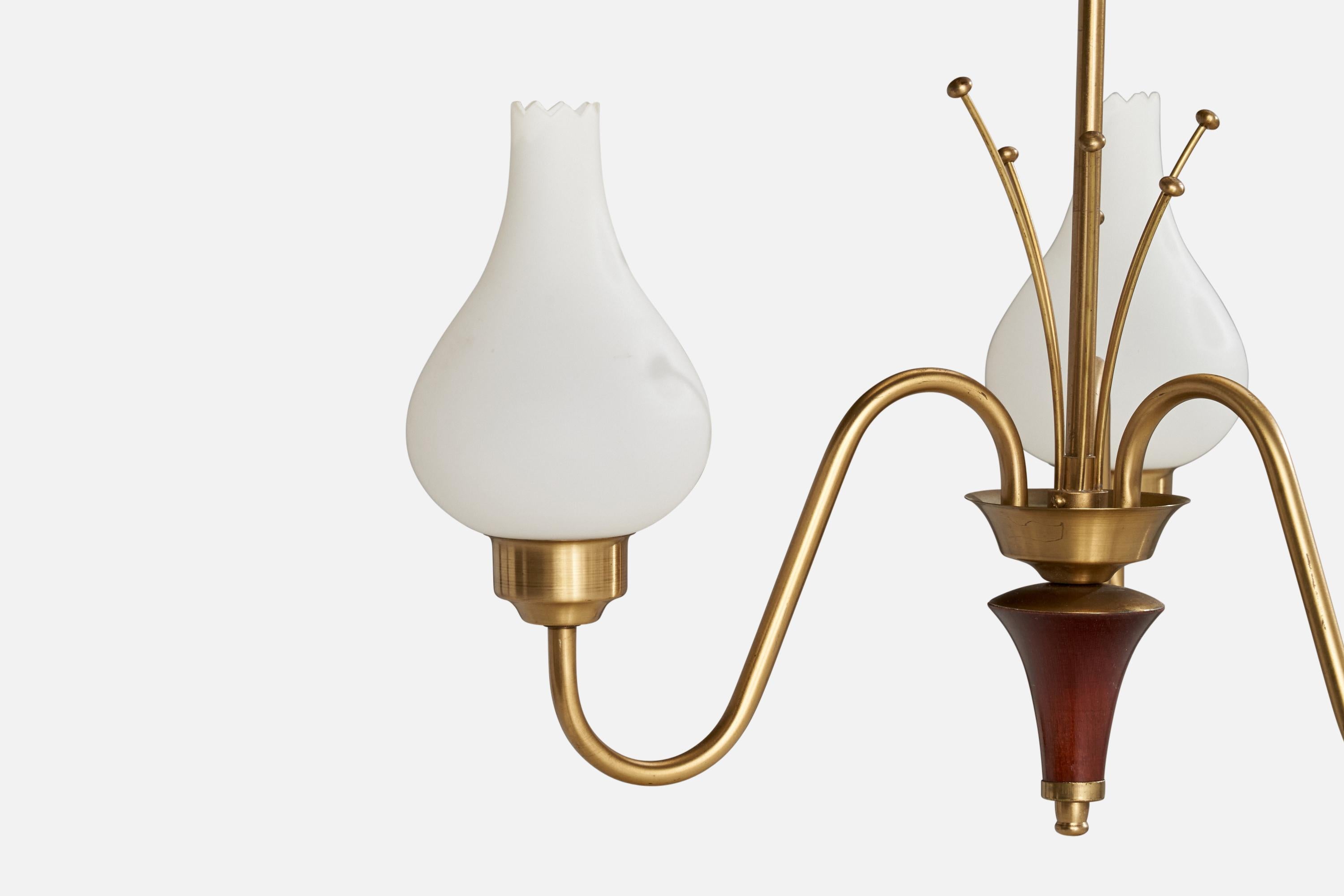 Swedish Designer, Chandelier, Brass, Glass, Wood, Sweden, 1940s For Sale 1