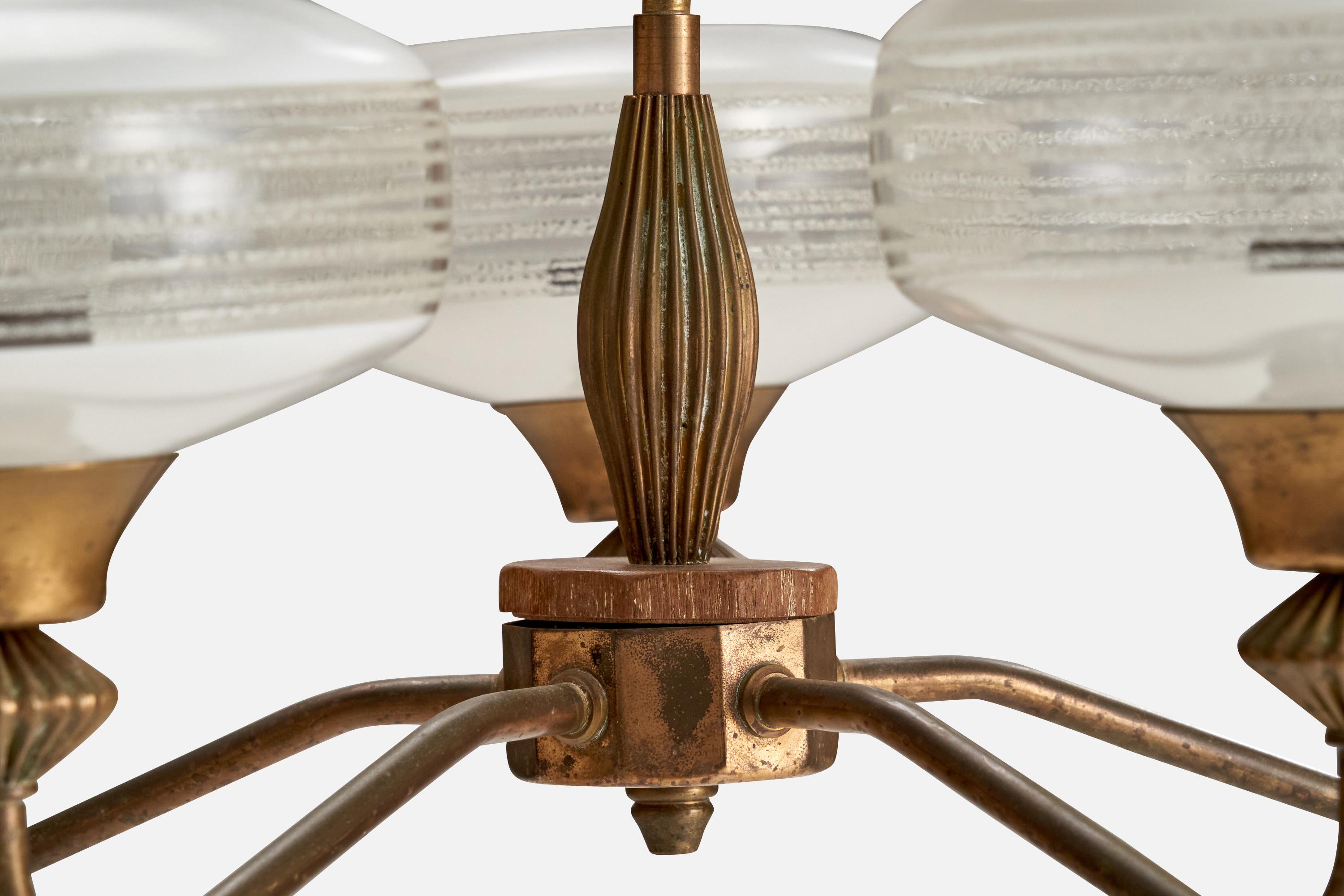 Swedish Designer, Chandelier, Brass, Glass, Wood, Sweden, 1940s For Sale 1