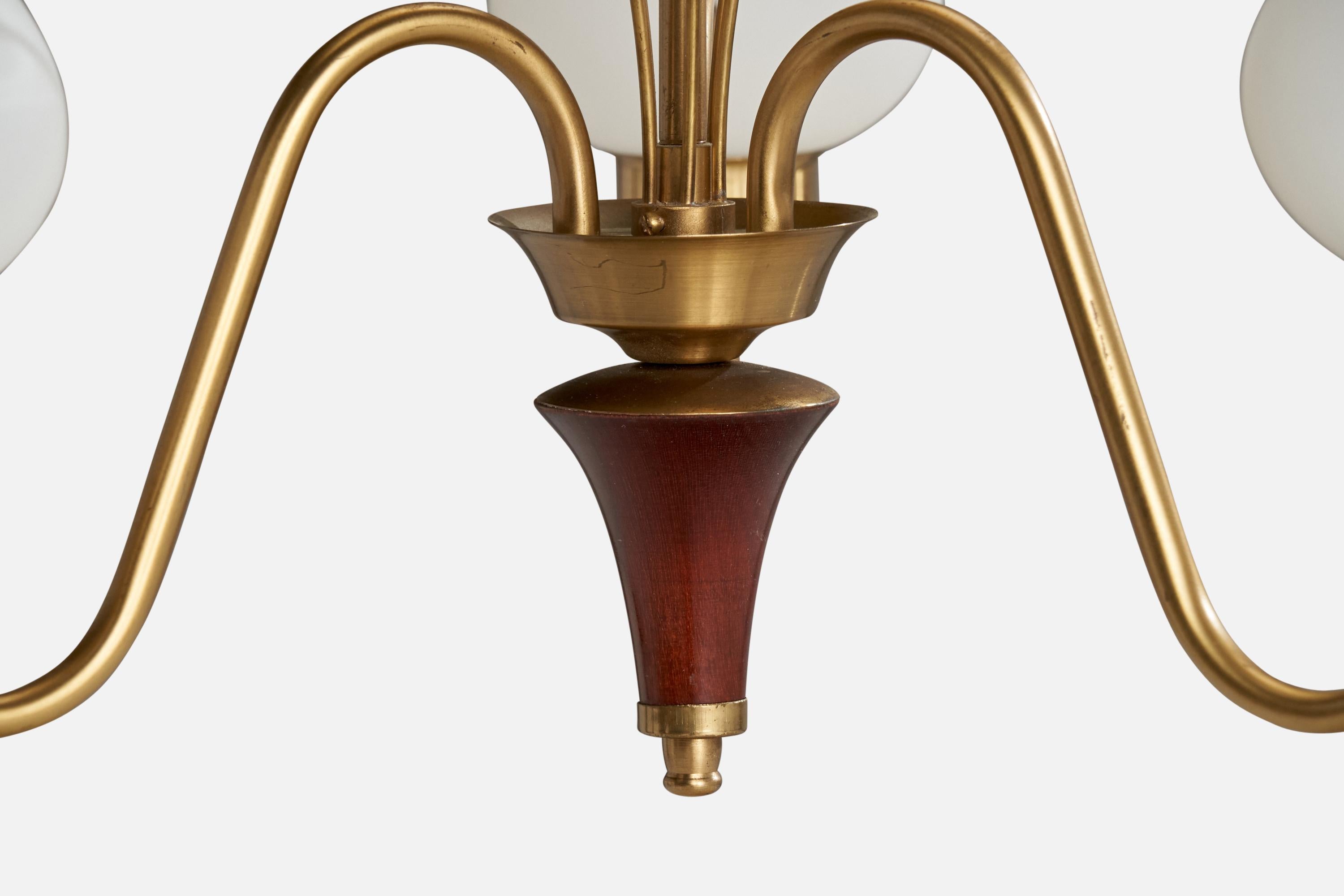 Swedish Designer, Chandelier, Brass, Glass, Wood, Sweden, 1940s For Sale 2