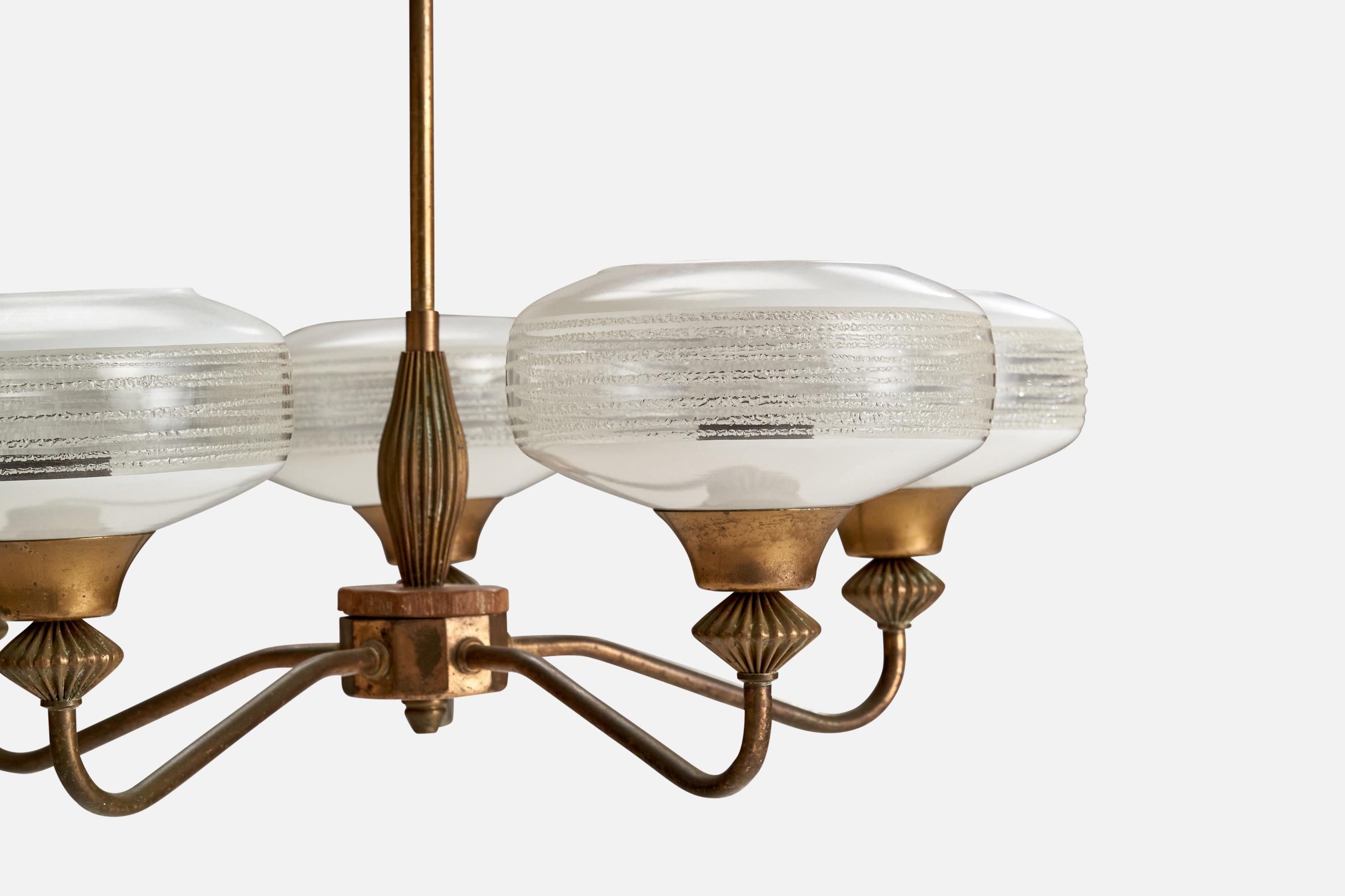 Swedish Designer, Chandelier, Brass, Glass, Wood, Sweden, 1940s For Sale 2