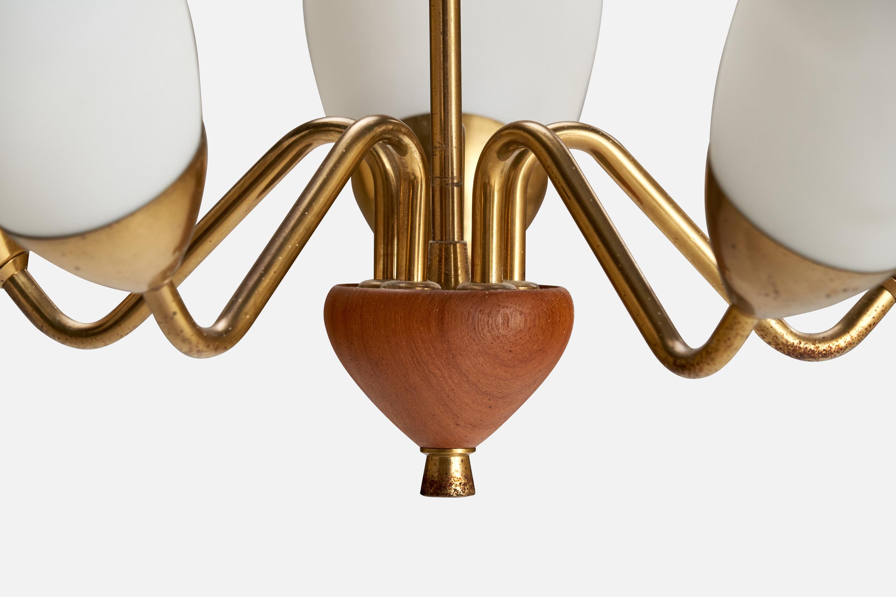 Schwedischer Designer, Kronleuchter, Messing, Glas, Holz, Schweden, 1940er Jahre im Angebot 2