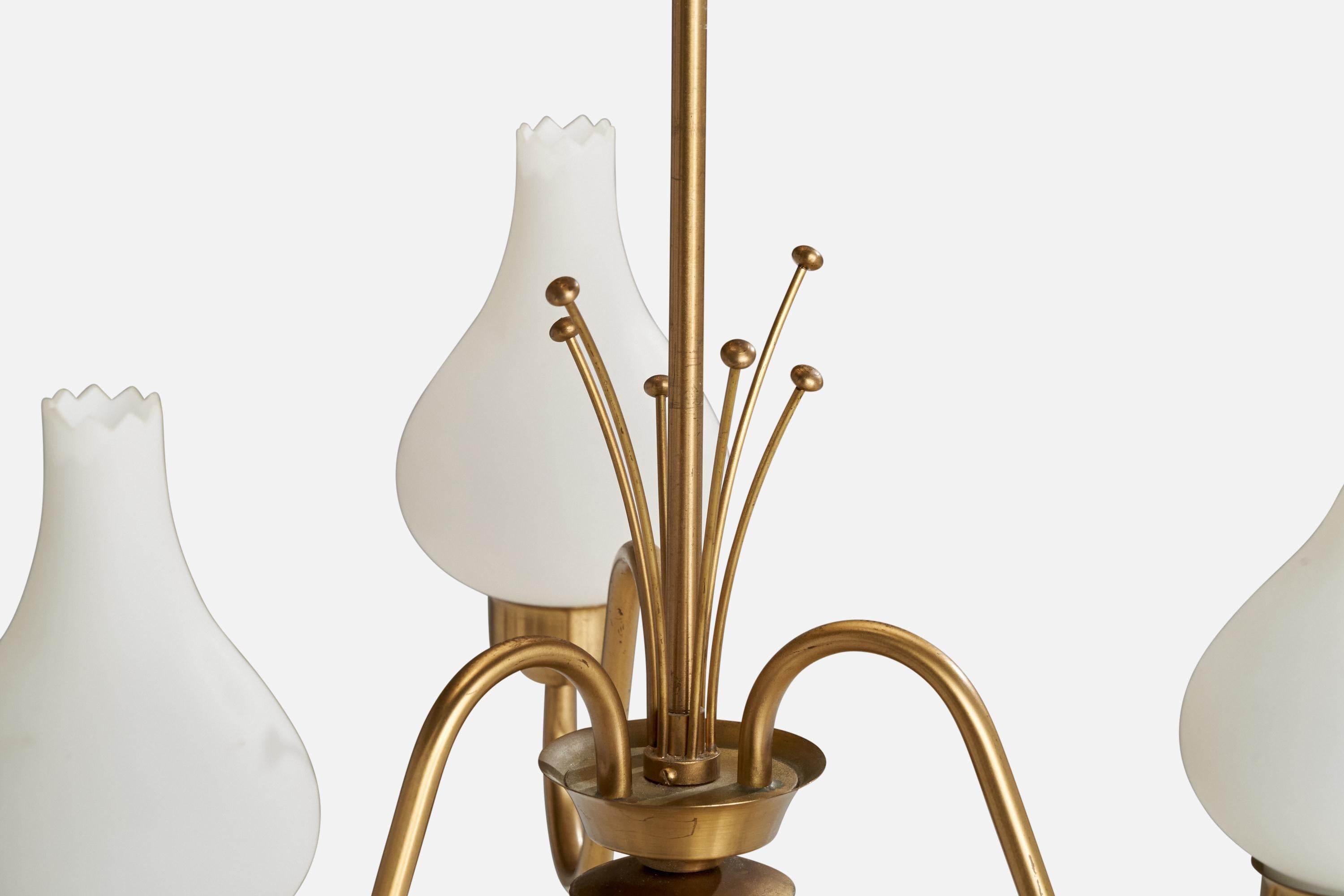 Swedish Designer, Chandelier, Brass, Glass, Wood, Sweden, 1940s For Sale 3