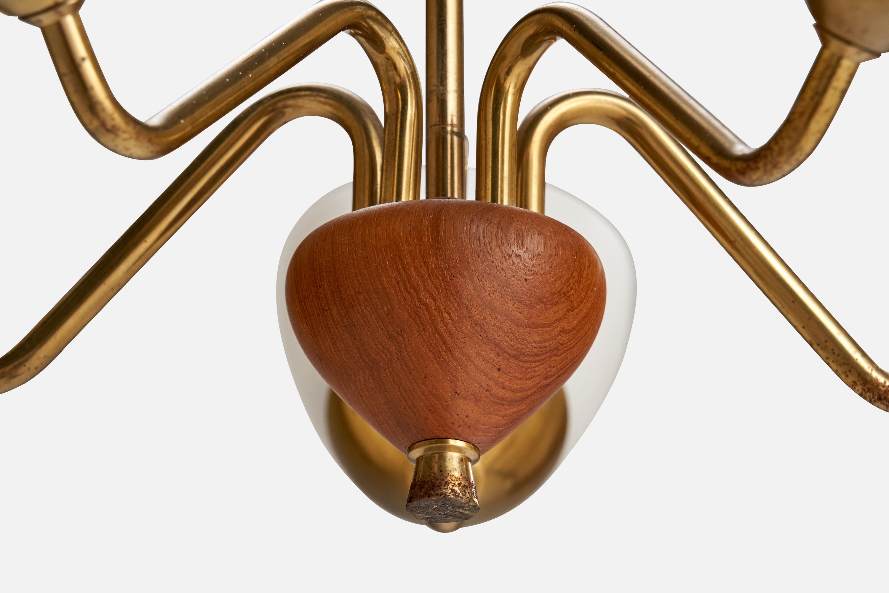 Schwedischer Designer, Kronleuchter, Messing, Glas, Holz, Schweden, 1940er Jahre im Angebot 4