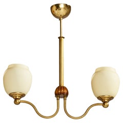 Swedish Designer, Chandelier, Brass, Glass, Wood, Sweden, 1940s