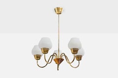 Swedish Designer, Chandelier, Brass, Glass, Wood, Sweden, 1950s