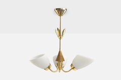 Swedish Designer, Chandelier, Brass, Glass, Wood, Sweden, 1950s