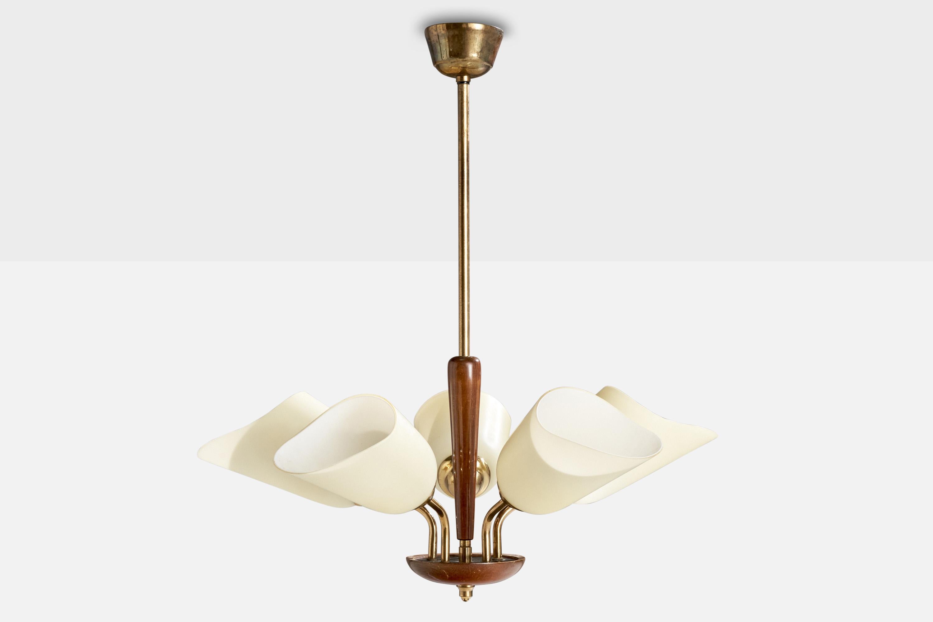 Mid-Century Modern Designer suédois, lustre, laiton, verre, Wood, Suède, années 1950 en vente